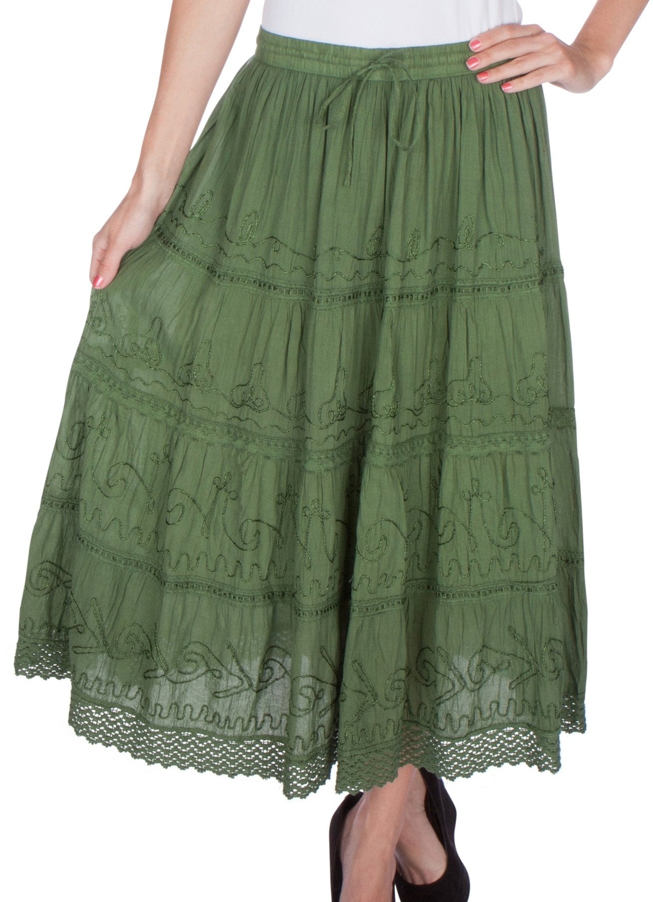 Sakkas Solid Embroidered Crochet Lace Trim Gypsy Bohemian Mid Length Cotton Skirt - Concordia Style Boutique