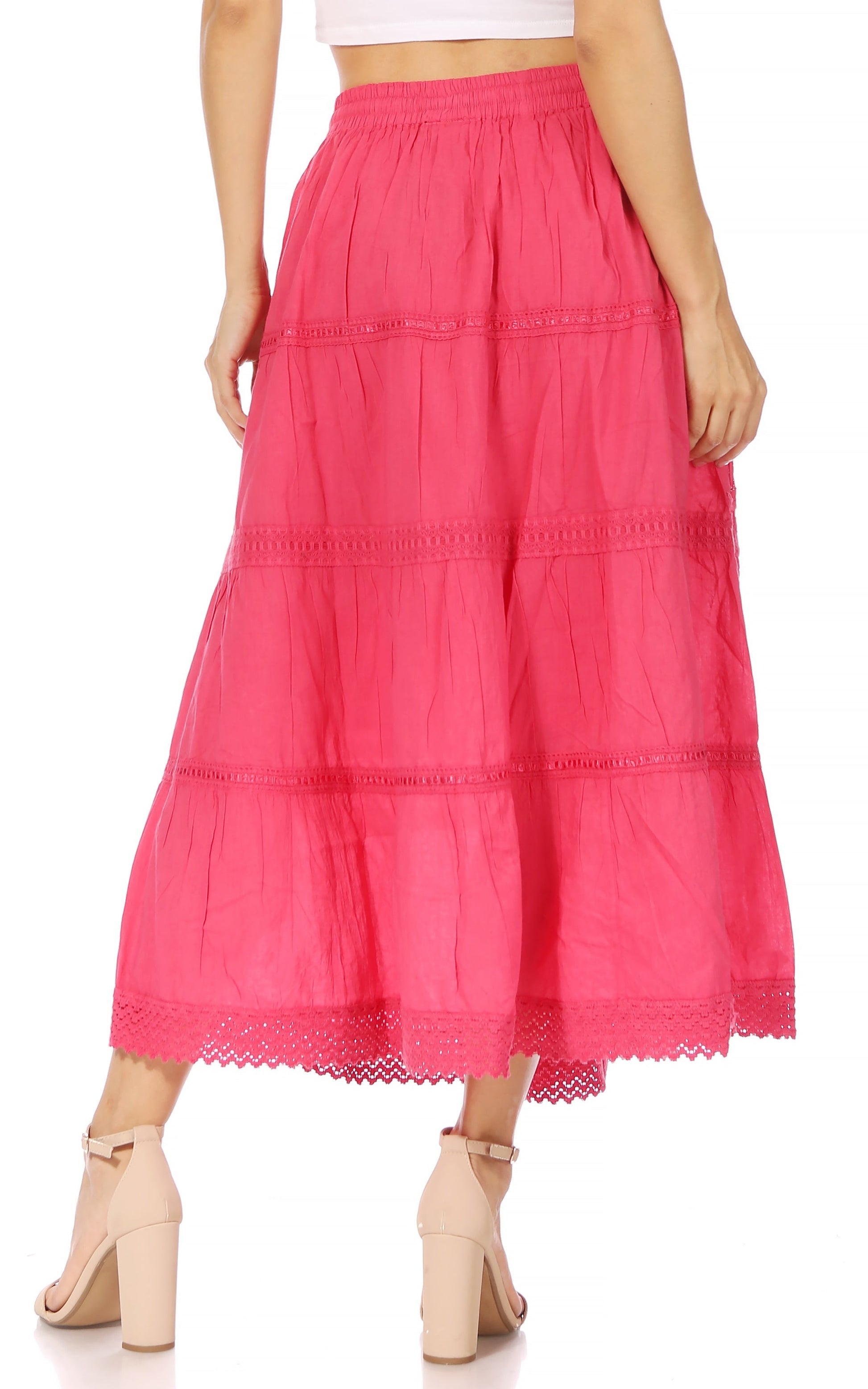 Sakkas Solid Embroidered Crochet Lace Trim Gypsy Bohemian Mid Length Cotton Skirt - Concordia Style Boutique