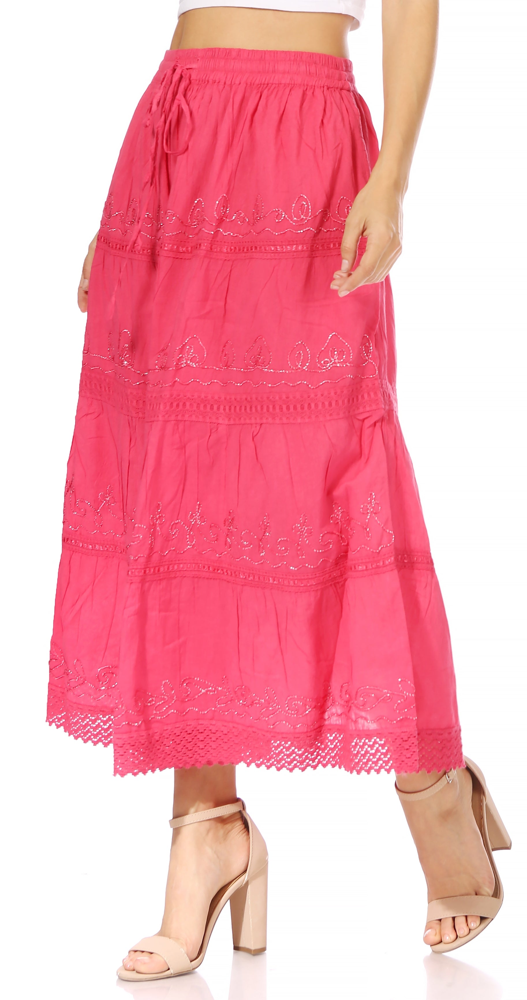 Sakkas Solid Embroidered Crochet Lace Trim Gypsy Bohemian Mid Length Cotton Skirt - Concordia Style Boutique