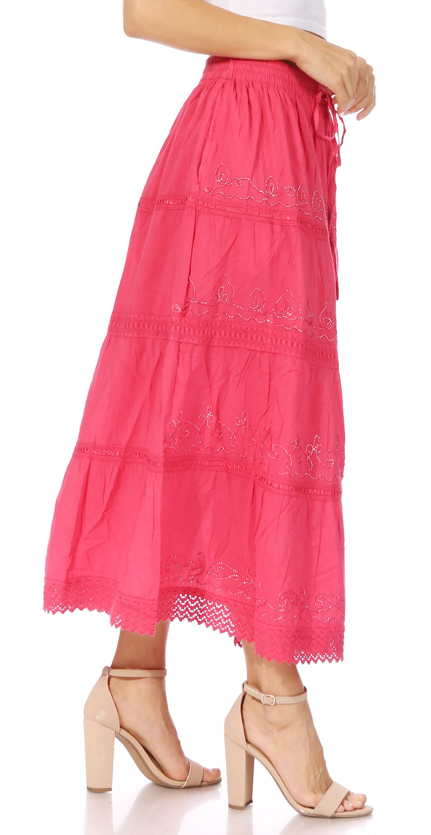 Sakkas Solid Embroidered Crochet Lace Trim Gypsy Bohemian Mid Length Cotton Skirt - Concordia Style Boutique