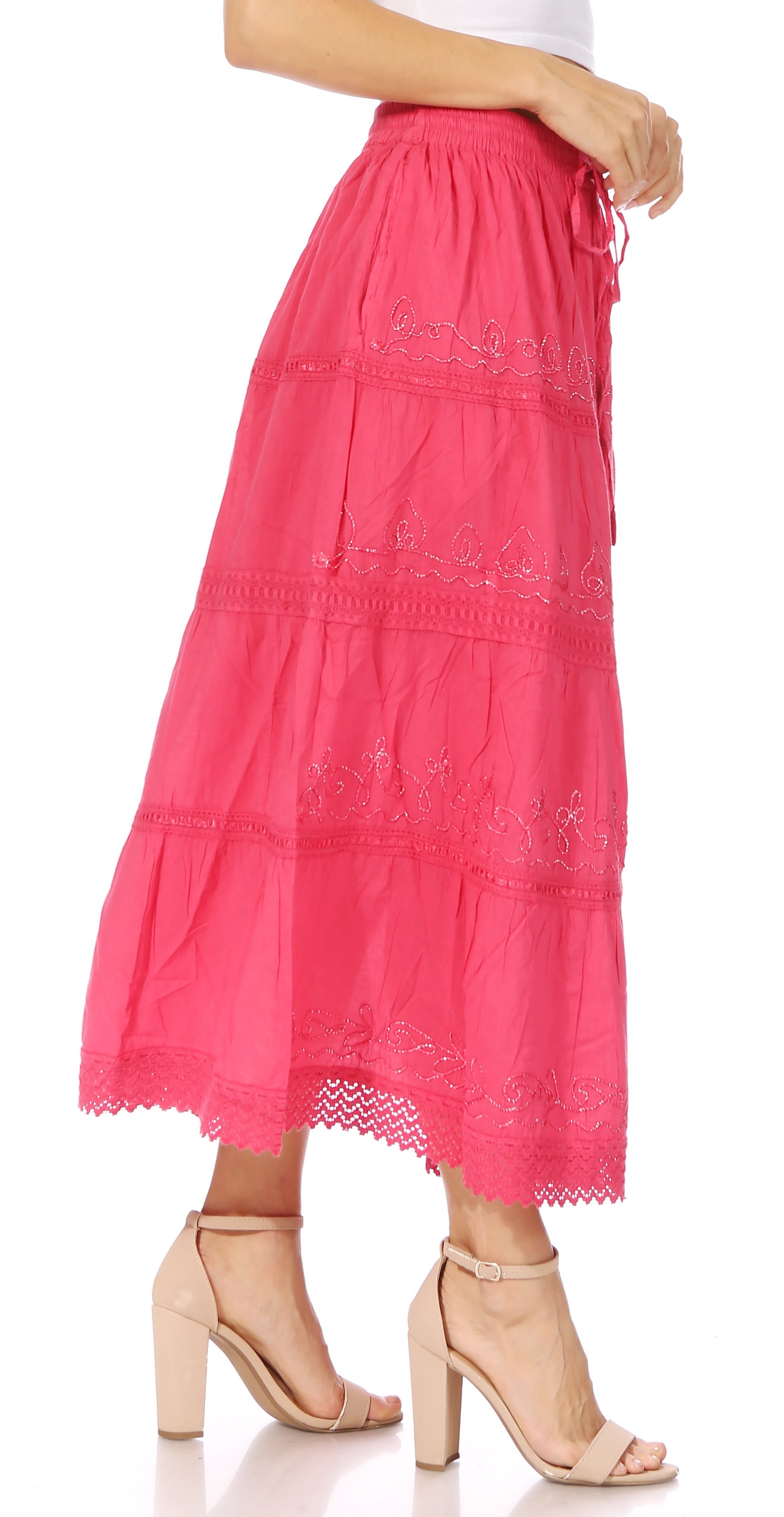 Sakkas Solid Embroidered Crochet Lace Trim Gypsy Bohemian Mid Length Cotton Skirt - Concordia Style Boutique