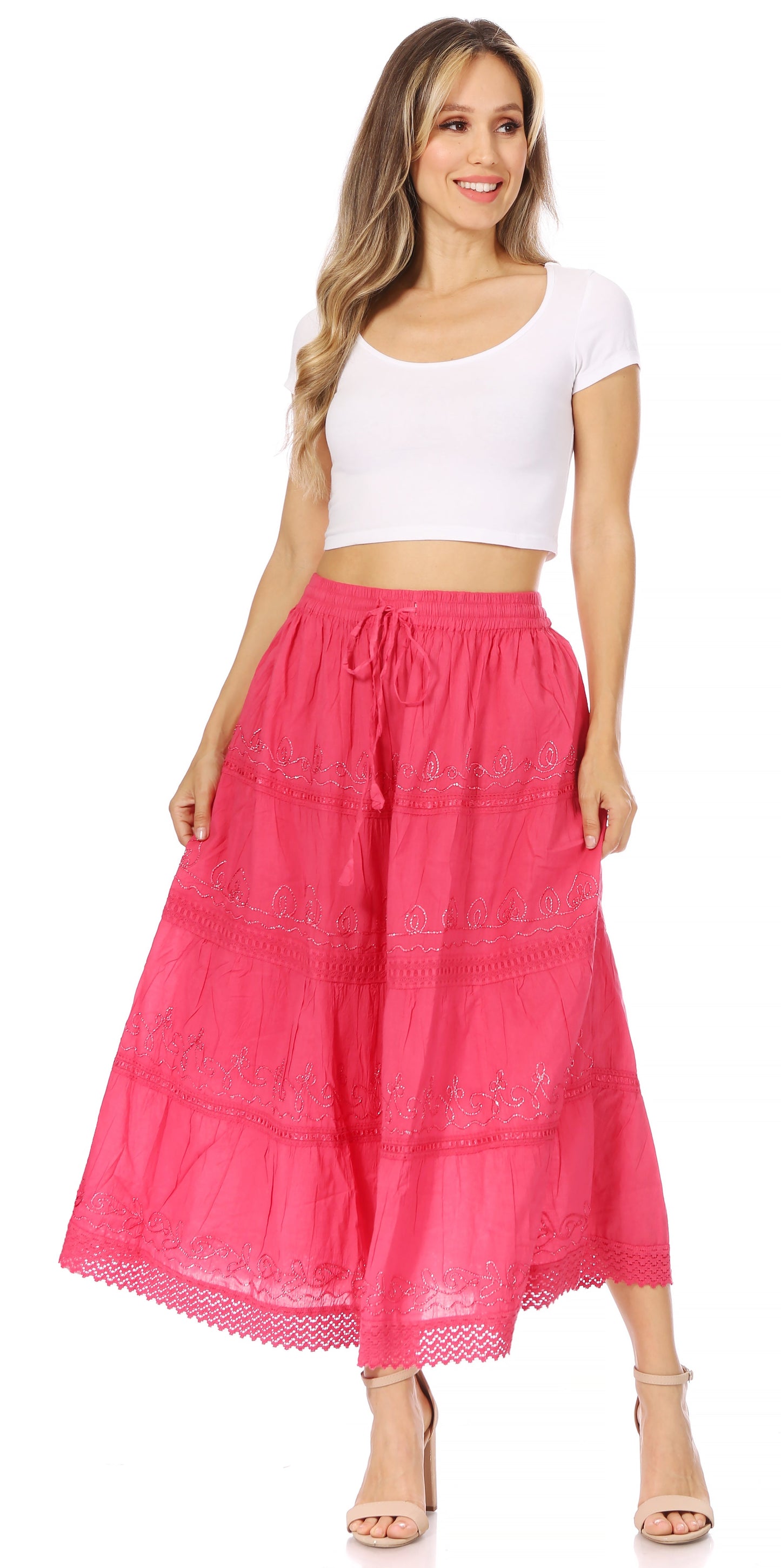 Sakkas Solid Embroidered Crochet Lace Trim Gypsy Bohemian Mid Length Cotton Skirt - Concordia Style Boutique