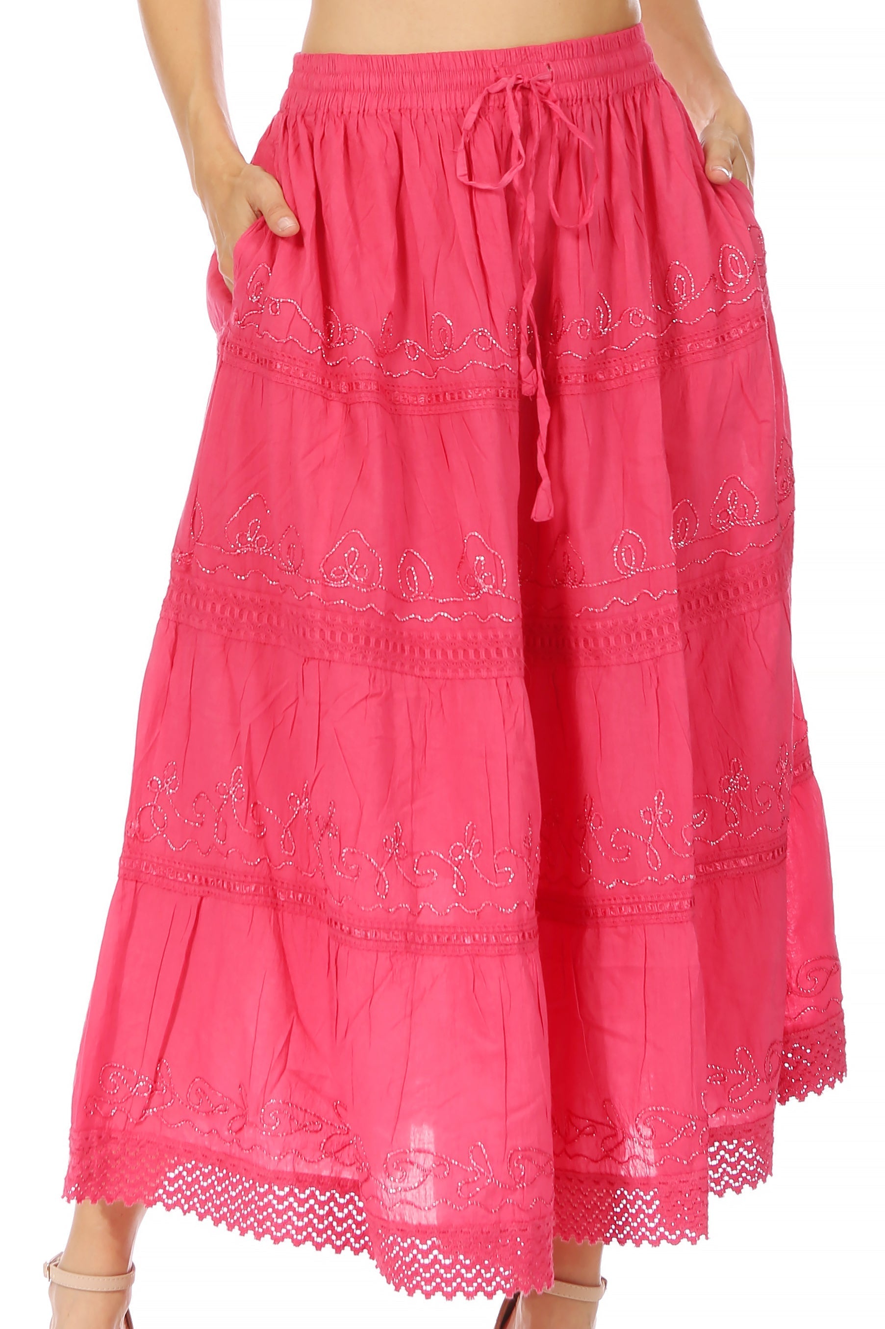 Sakkas Solid Embroidered Crochet Lace Trim Gypsy Bohemian Mid Length Cotton Skirt - Concordia Style Boutique