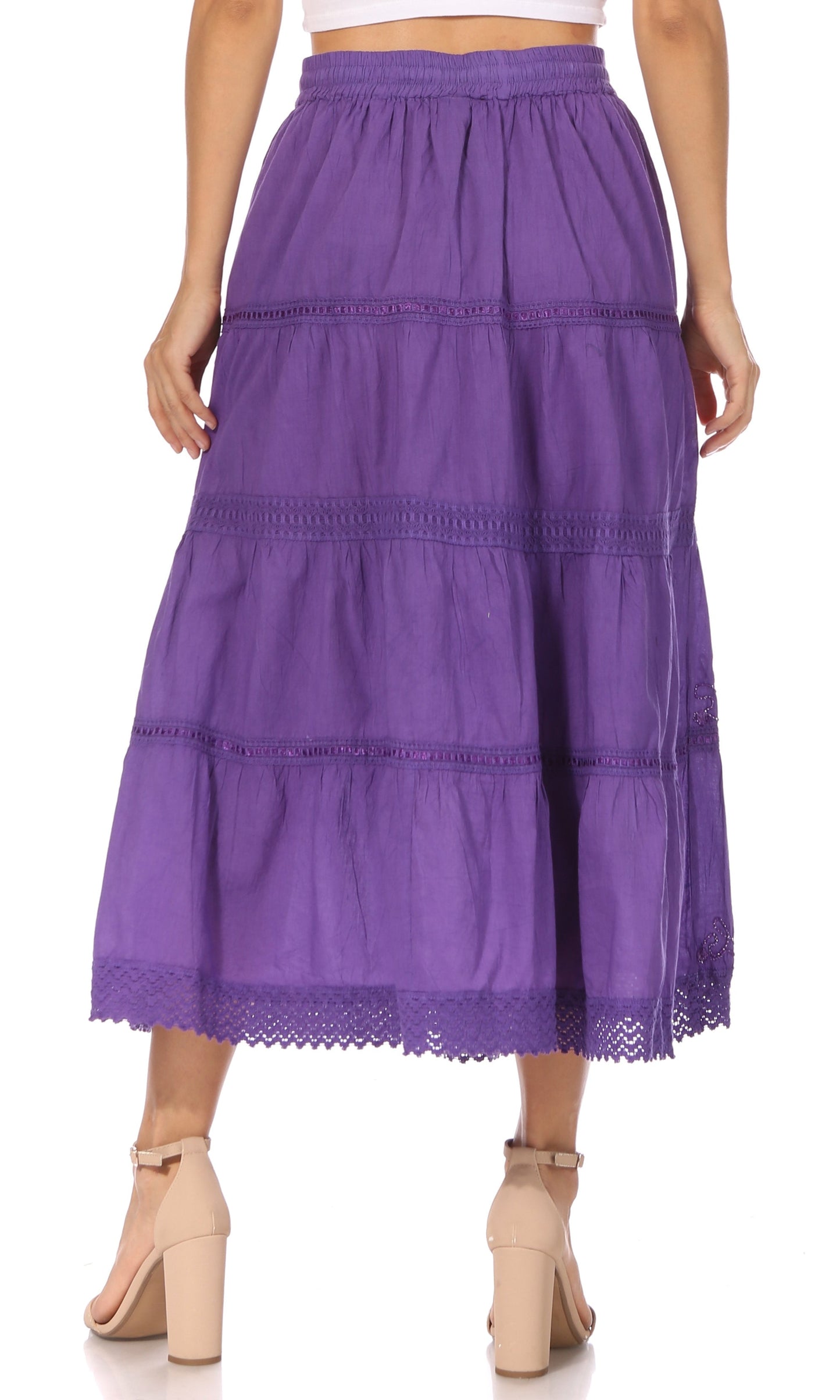 Sakkas Solid Embroidered Crochet Lace Trim Gypsy Bohemian Mid Length Cotton Skirt - Concordia Style Boutique