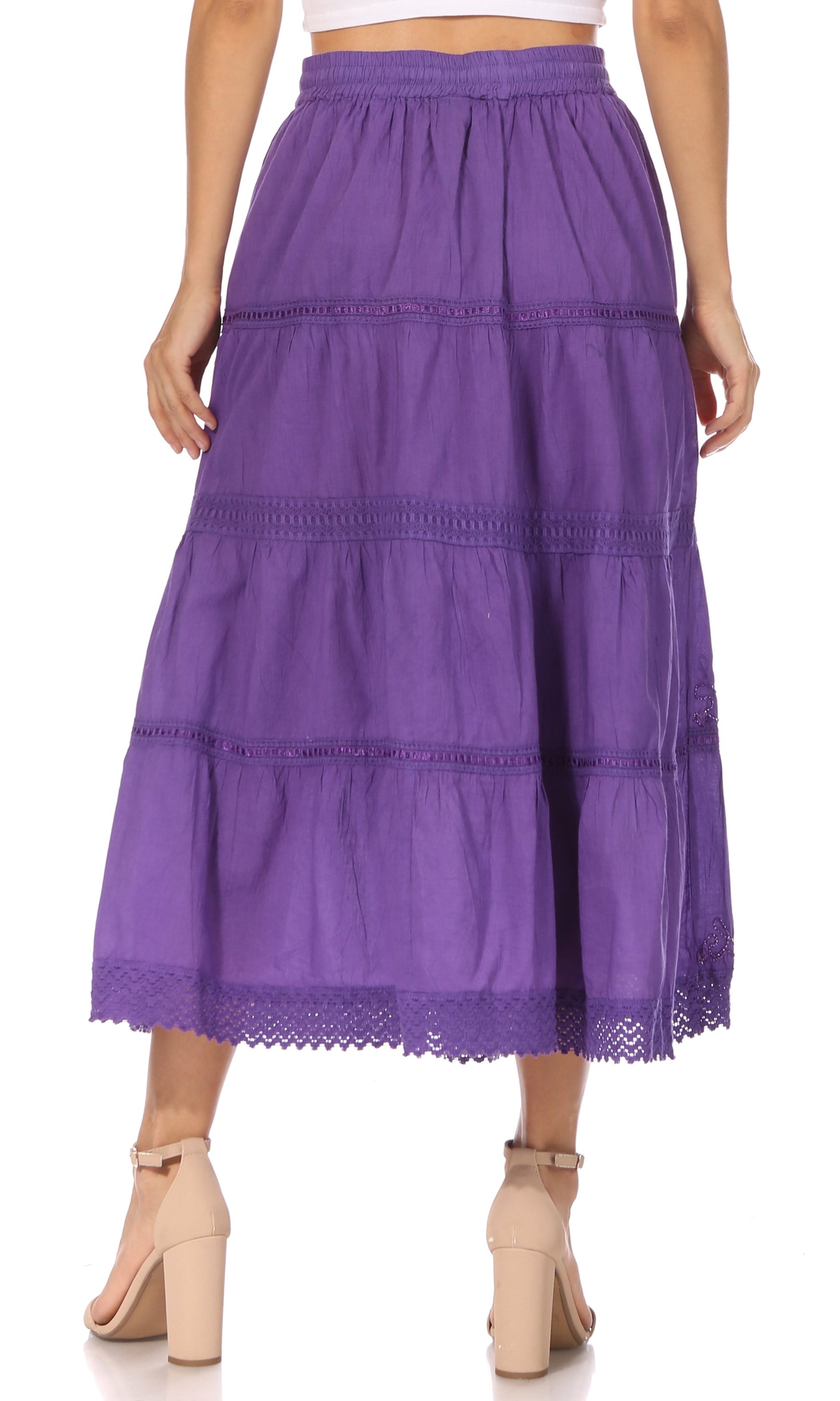 Sakkas Solid Embroidered Crochet Lace Trim Gypsy Bohemian Mid Length Cotton Skirt - Concordia Style Boutique