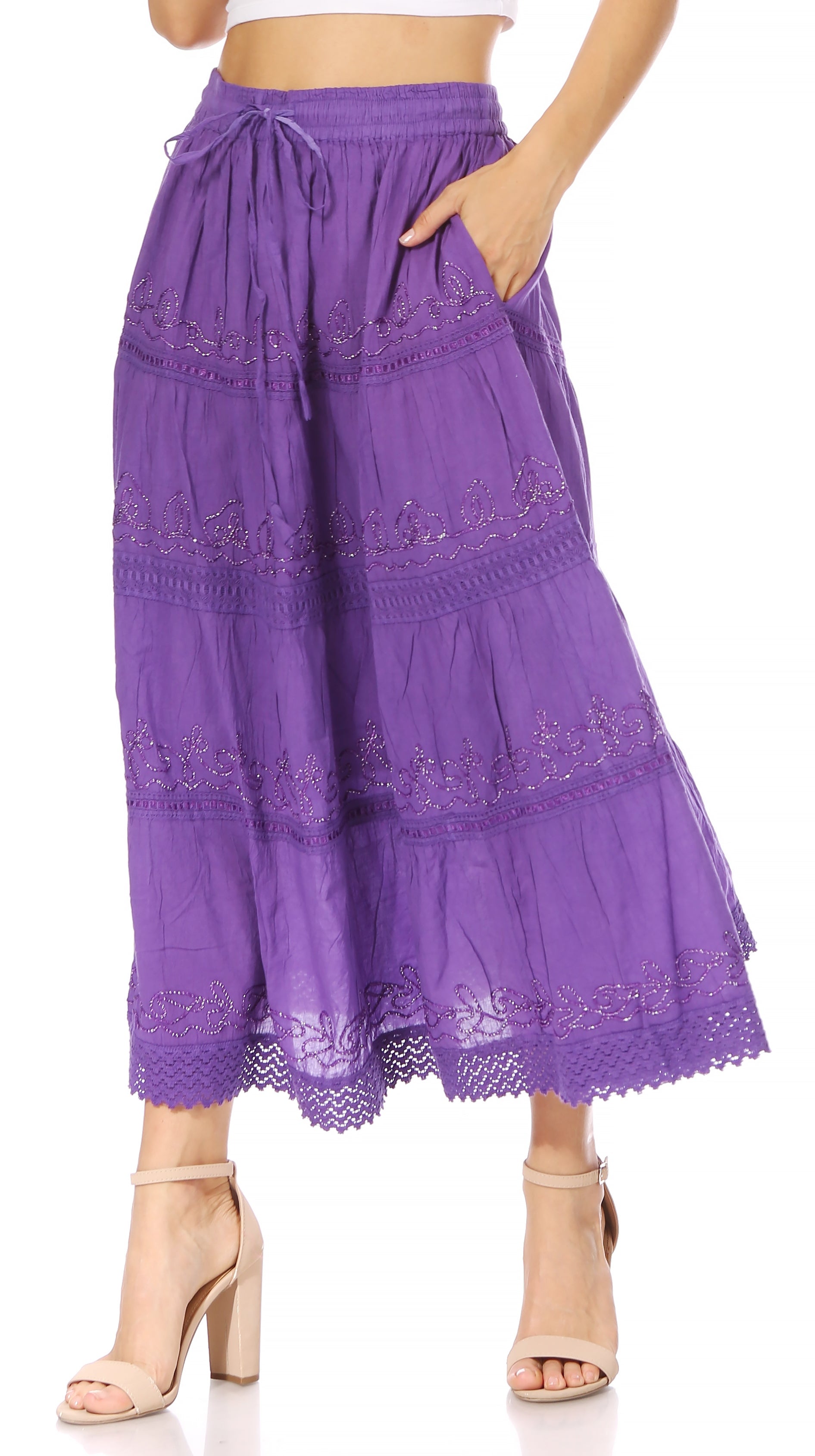Sakkas Solid Embroidered Crochet Lace Trim Gypsy Bohemian Mid Length Cotton Skirt - Concordia Style Boutique
