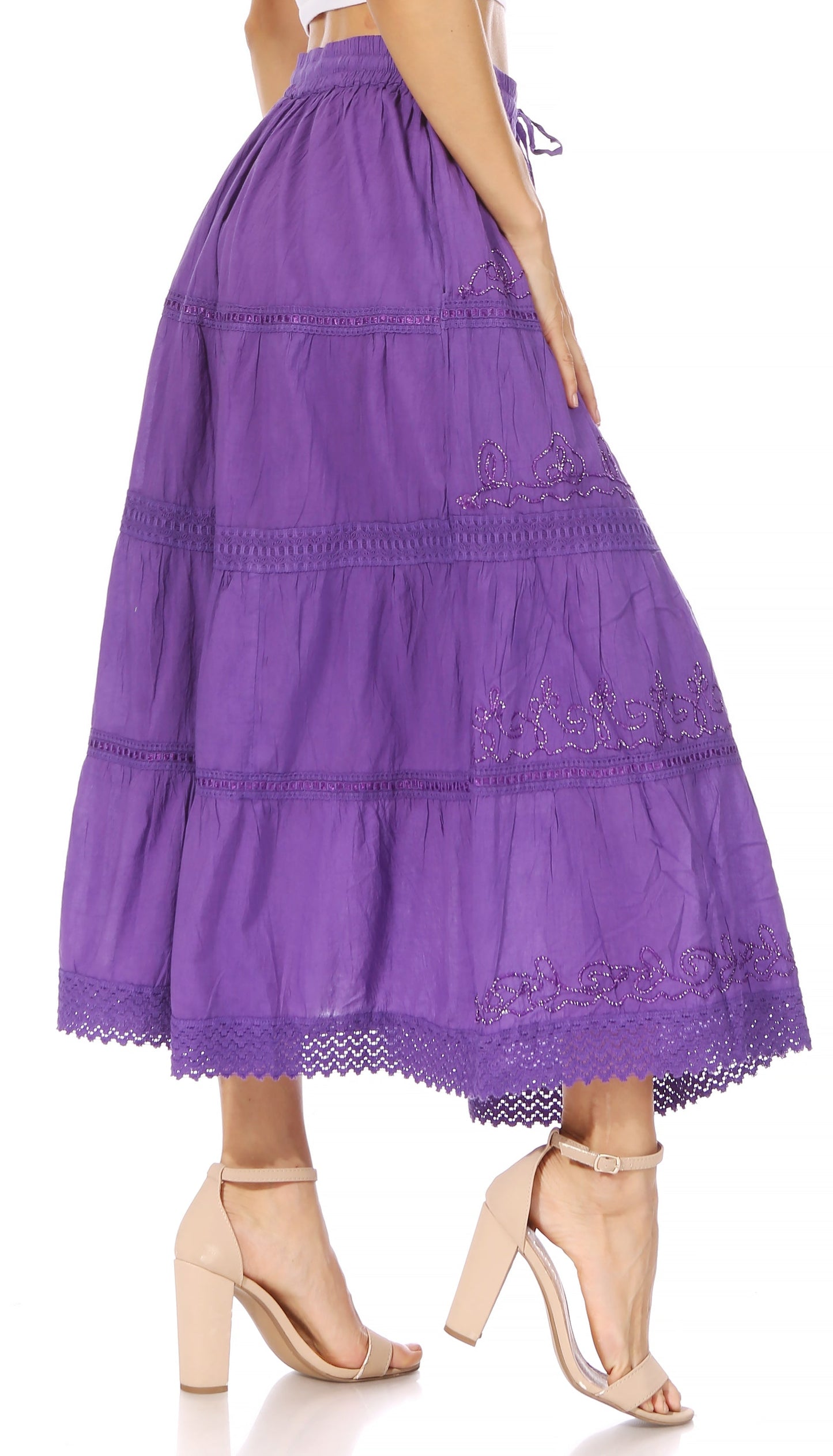 Sakkas Solid Embroidered Crochet Lace Trim Gypsy Bohemian Mid Length Cotton Skirt - Concordia Style Boutique