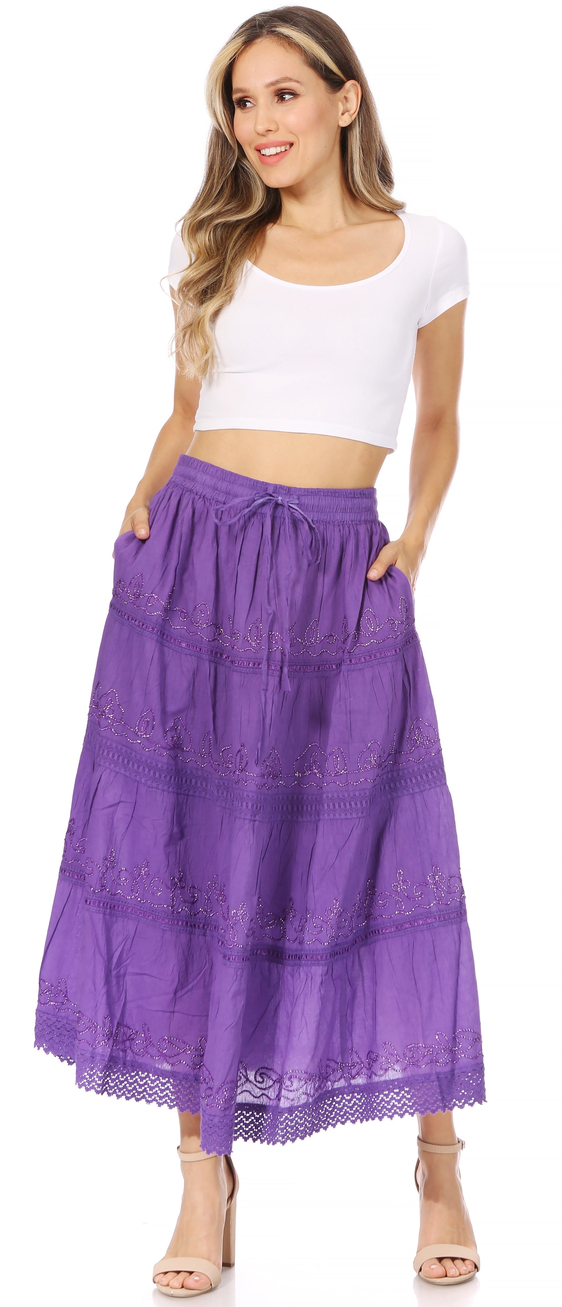 Sakkas Solid Embroidered Crochet Lace Trim Gypsy Bohemian Mid Length Cotton Skirt - Concordia Style Boutique