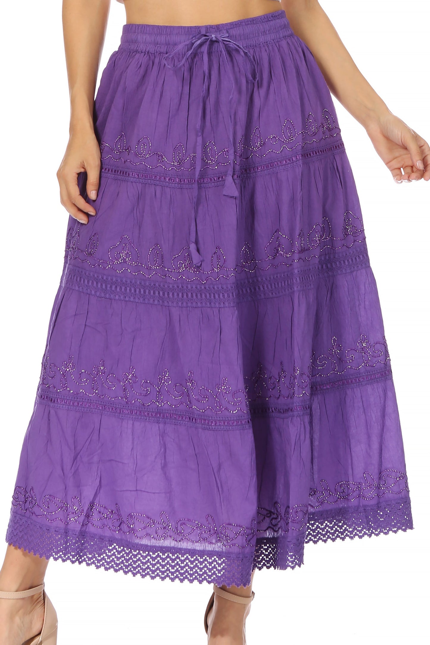 Sakkas Solid Embroidered Crochet Lace Trim Gypsy Bohemian Mid Length Cotton Skirt - Concordia Style Boutique