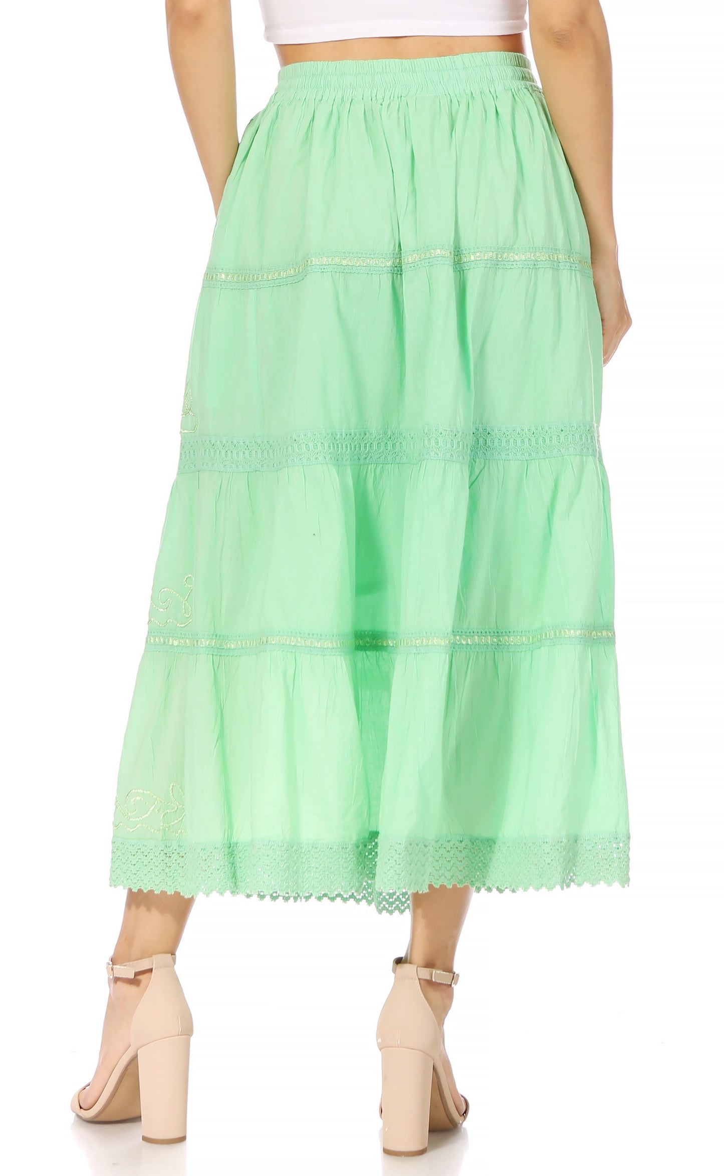 Sakkas Solid Embroidered Crochet Lace Trim Gypsy Bohemian Mid Length Cotton Skirt - Concordia Style Boutique
