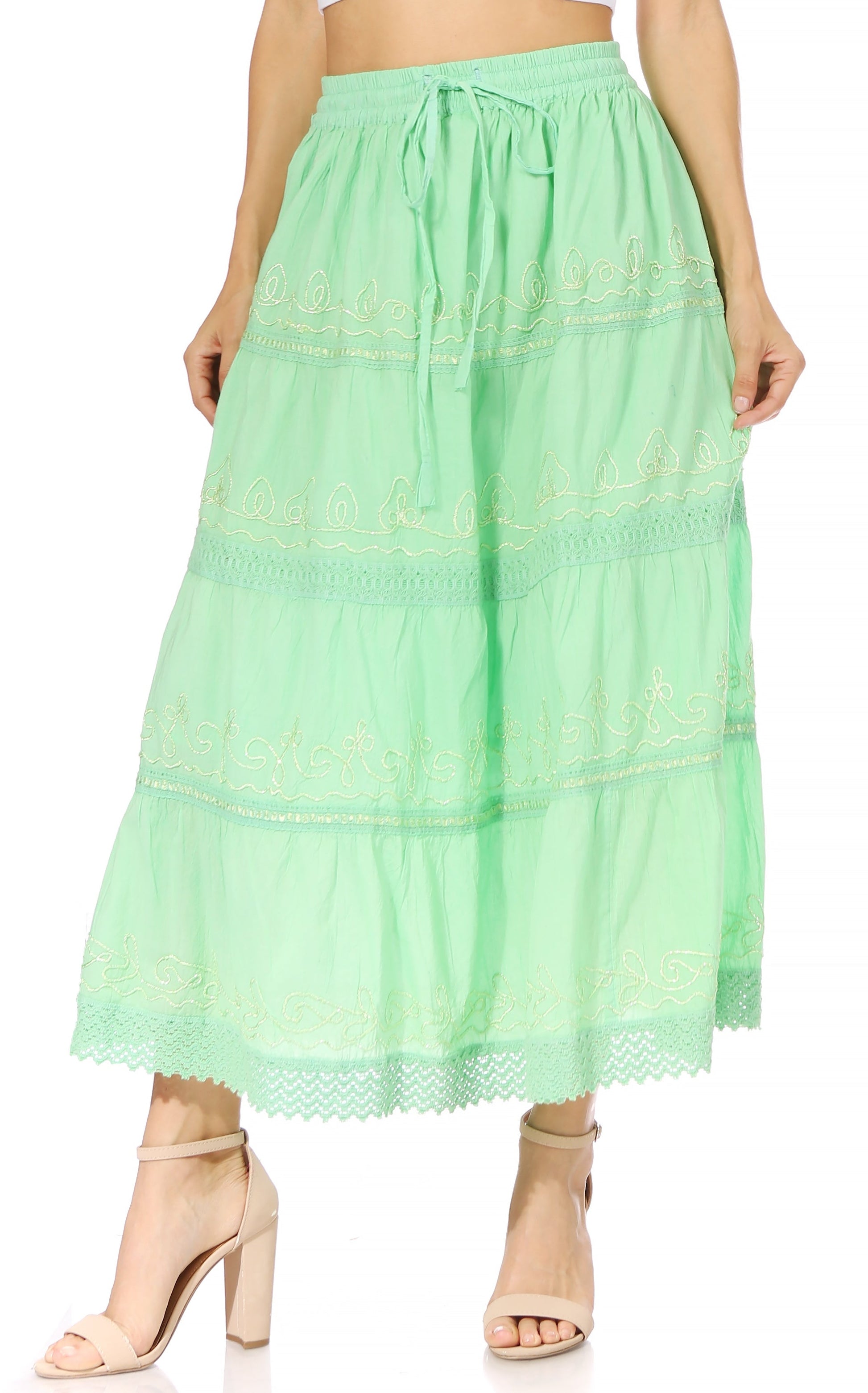 Sakkas Solid Embroidered Crochet Lace Trim Gypsy Bohemian Mid Length Cotton Skirt - Concordia Style Boutique