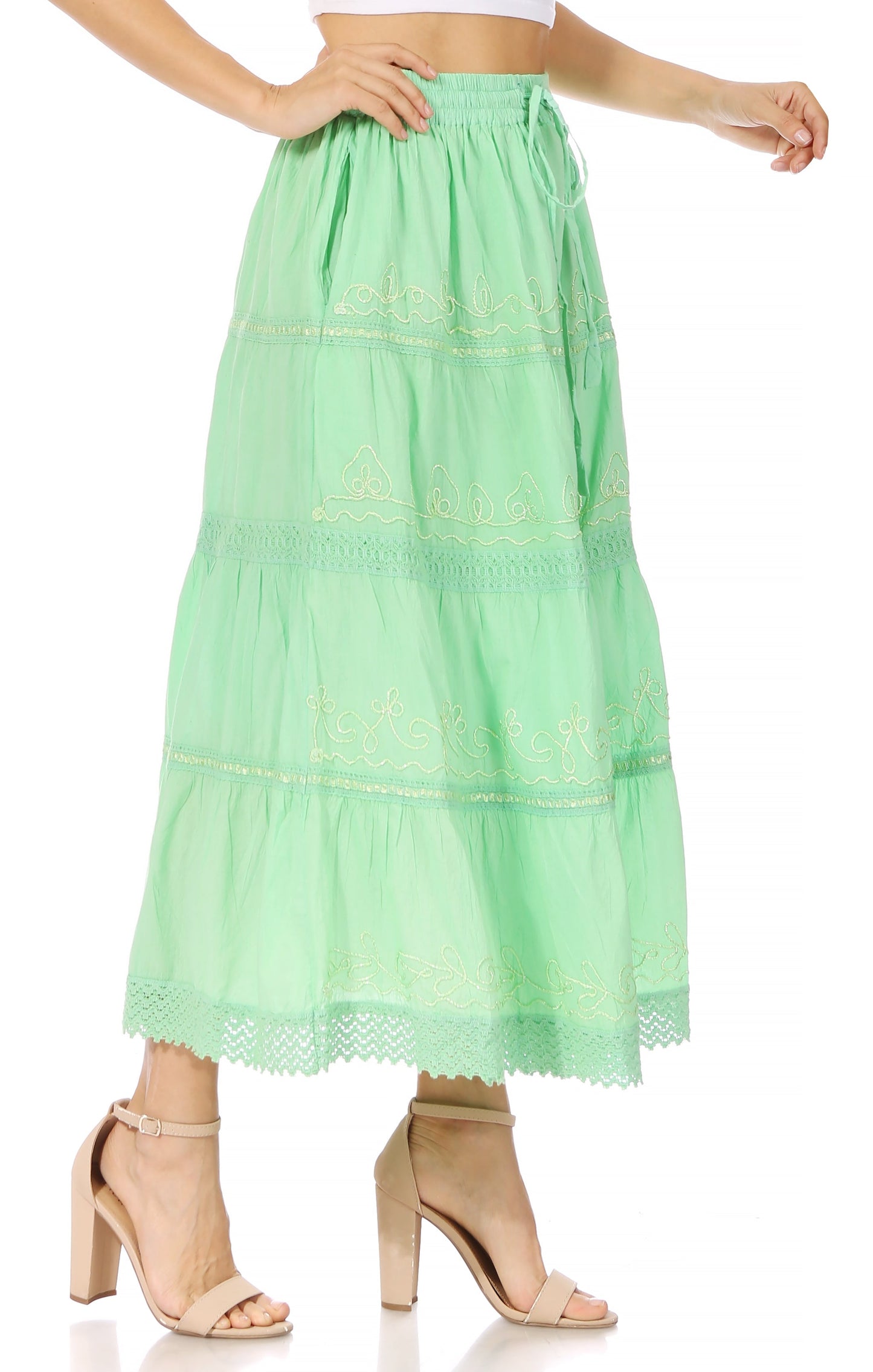 Sakkas Solid Embroidered Crochet Lace Trim Gypsy Bohemian Mid Length Cotton Skirt - Concordia Style Boutique