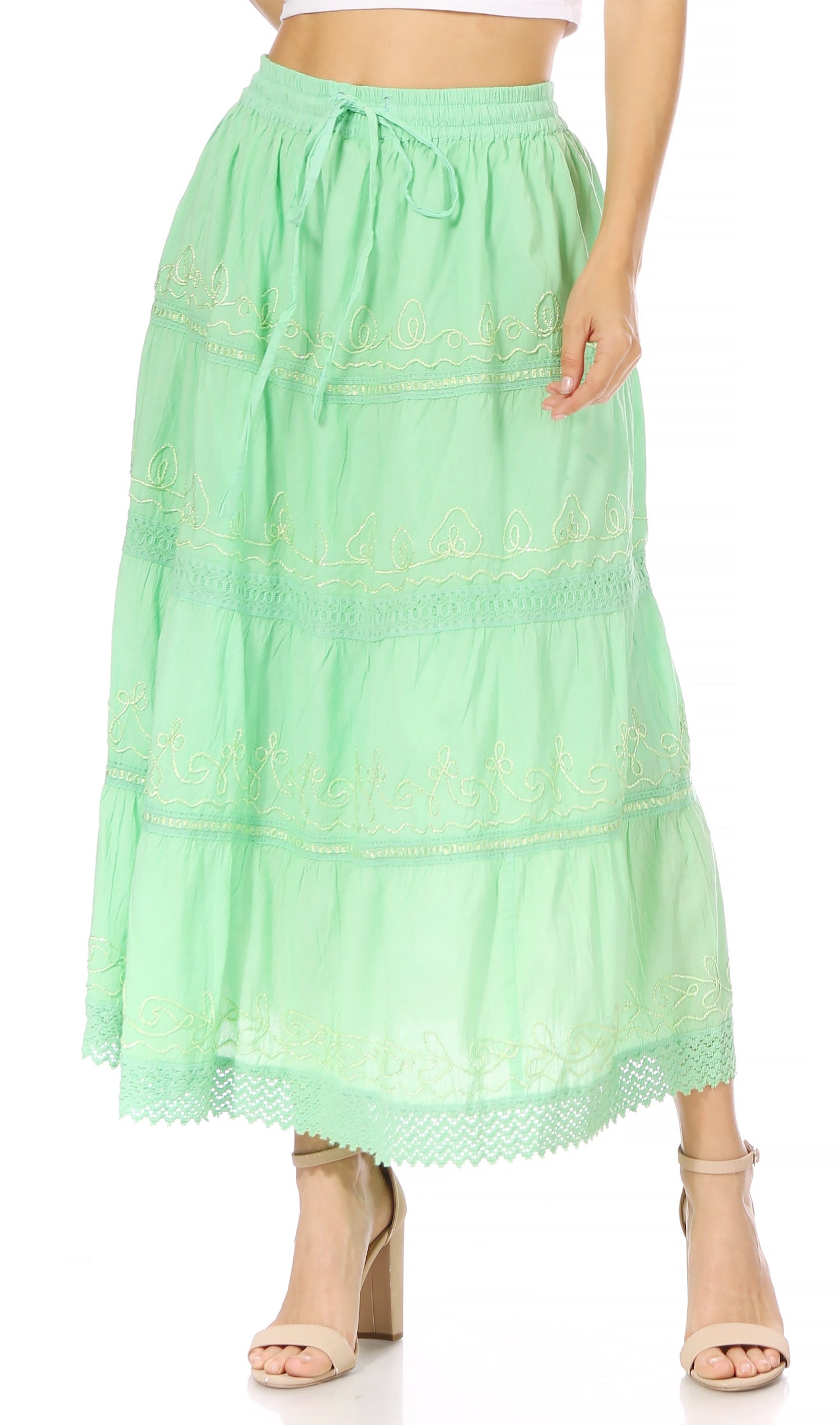Sakkas Solid Embroidered Crochet Lace Trim Gypsy Bohemian Mid Length Cotton Skirt - Concordia Style Boutique