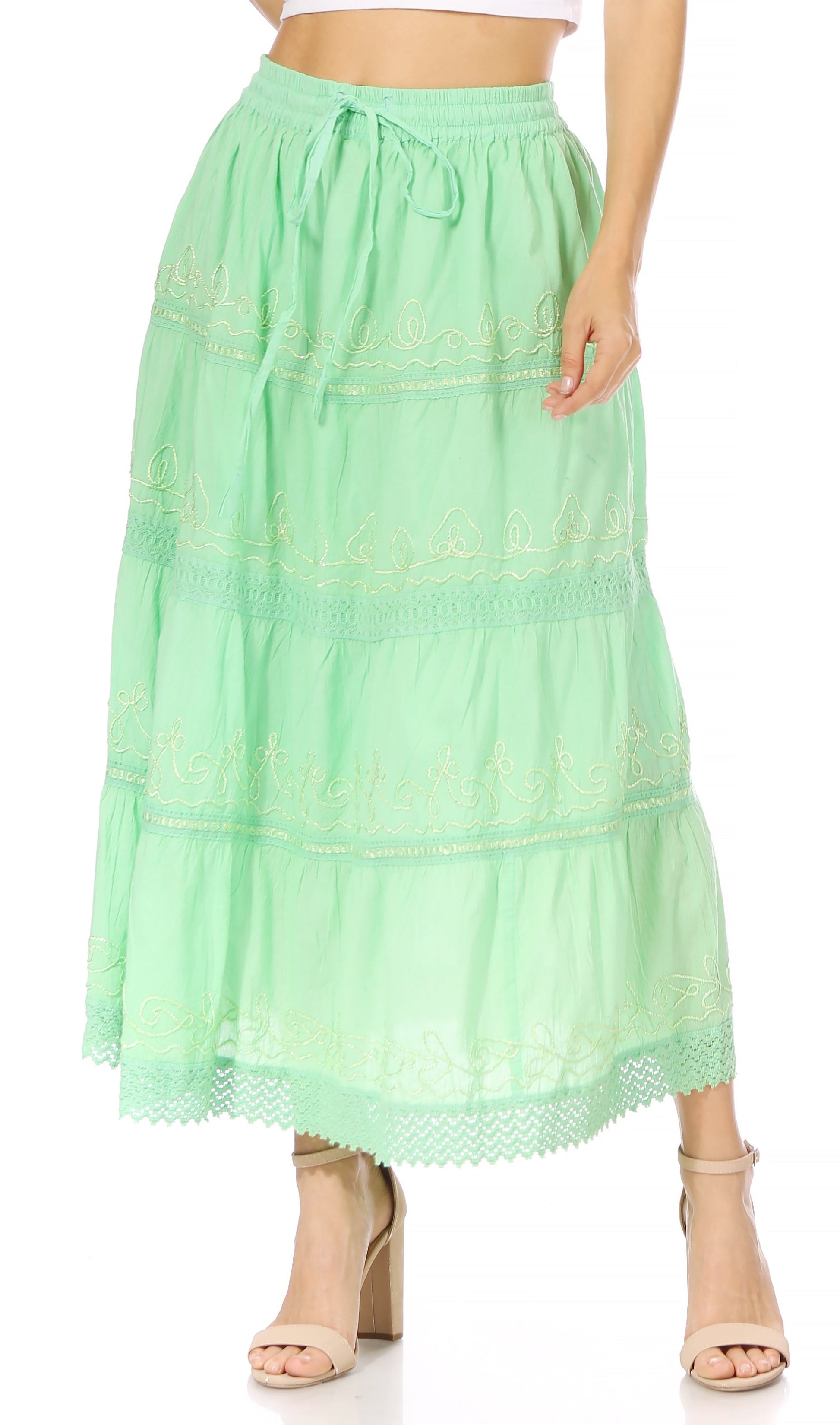 Sakkas Solid Embroidered Crochet Lace Trim Gypsy Bohemian Mid Length Cotton Skirt - Concordia Style Boutique