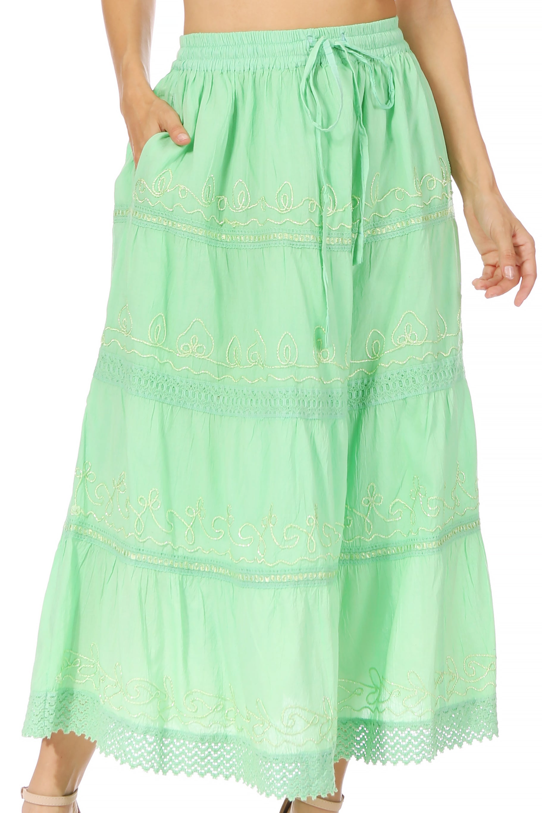 Sakkas Solid Embroidered Crochet Lace Trim Gypsy Bohemian Mid Length Cotton Skirt - Concordia Style Boutique