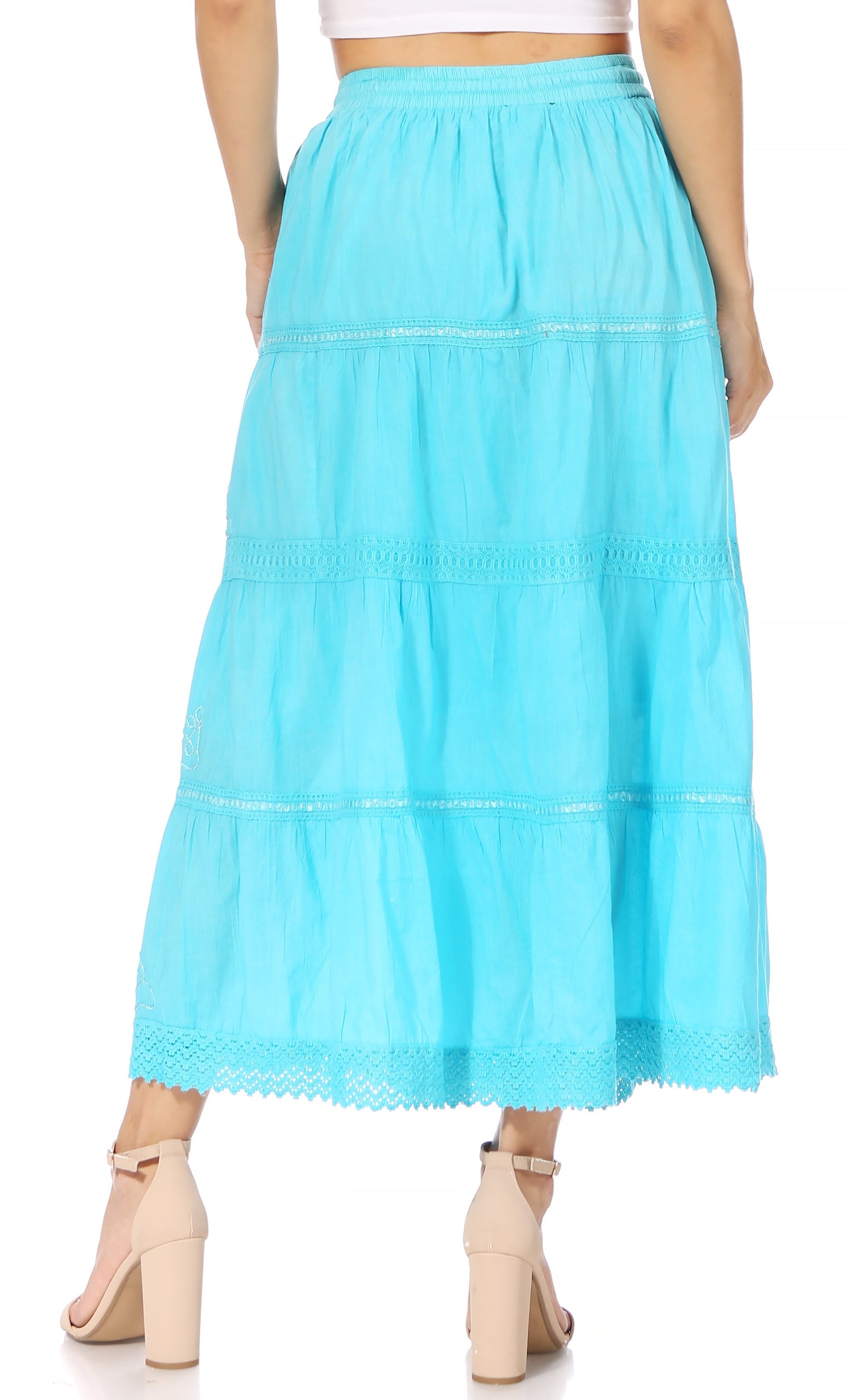 Sakkas Solid Embroidered Crochet Lace Trim Gypsy Bohemian Mid Length Cotton Skirt - Concordia Style Boutique