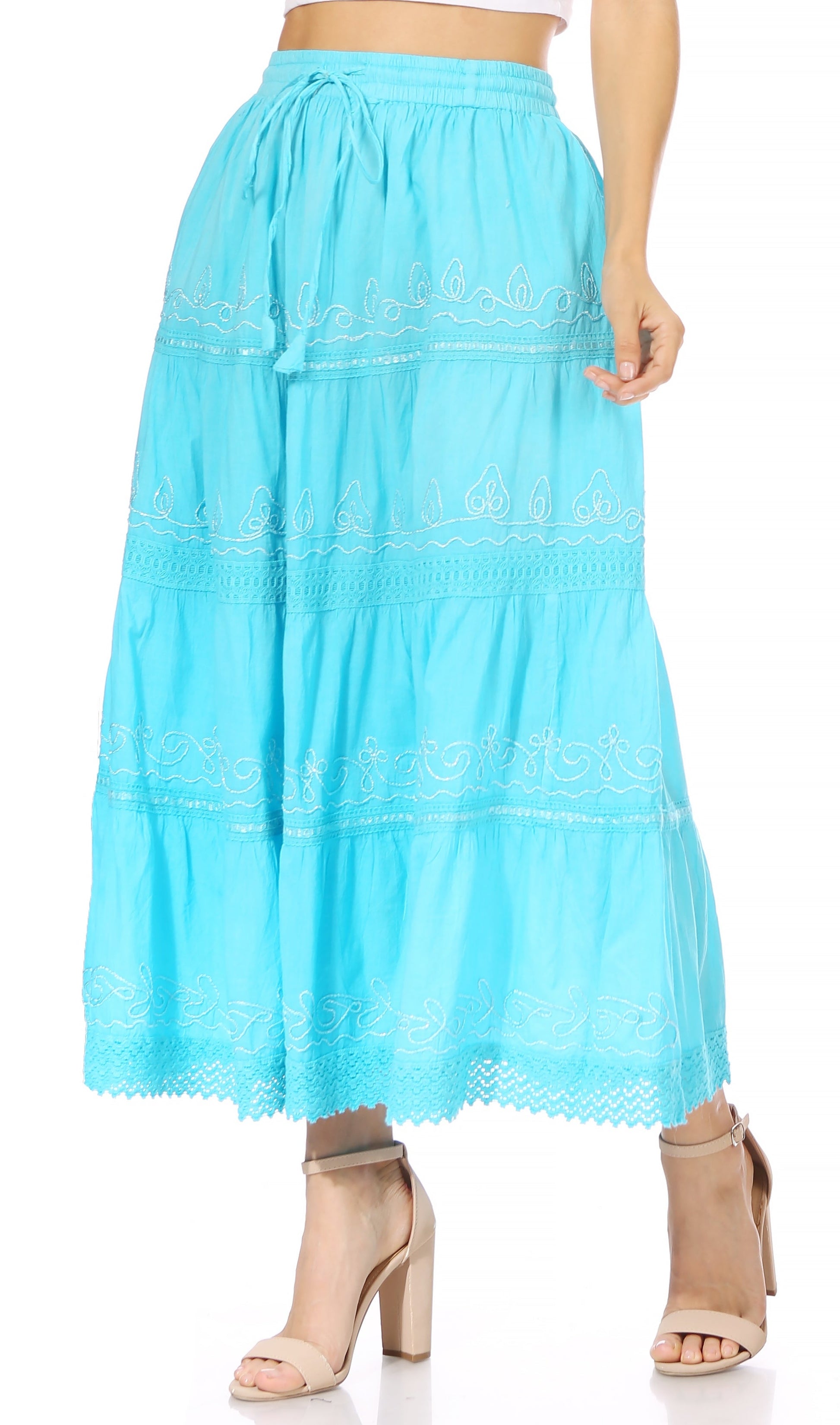 Sakkas Solid Embroidered Crochet Lace Trim Gypsy Bohemian Mid Length Cotton Skirt - Concordia Style Boutique