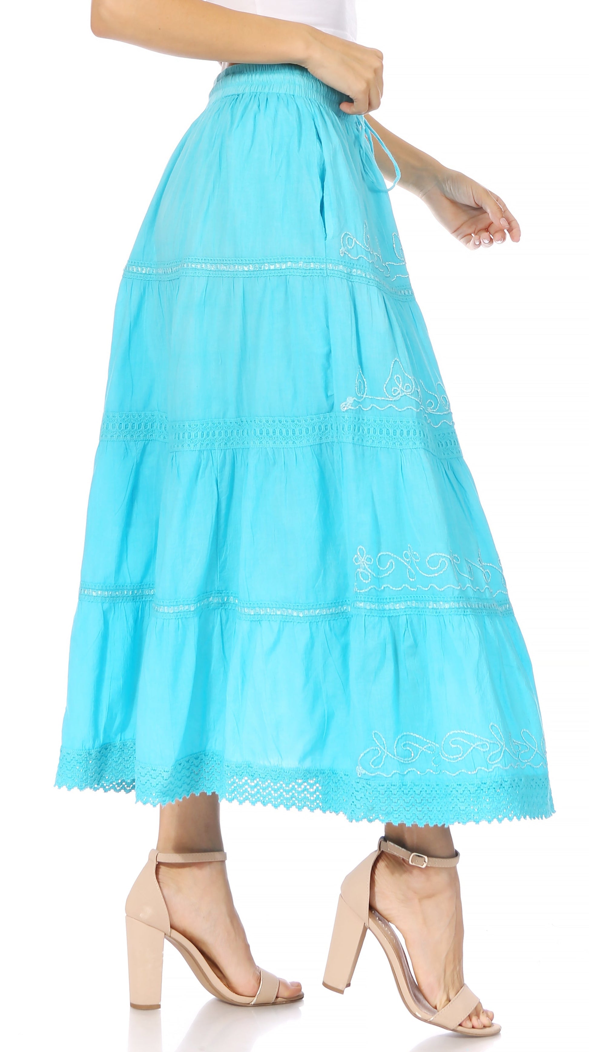 Sakkas Solid Embroidered Crochet Lace Trim Gypsy Bohemian Mid Length Cotton Skirt - Concordia Style Boutique