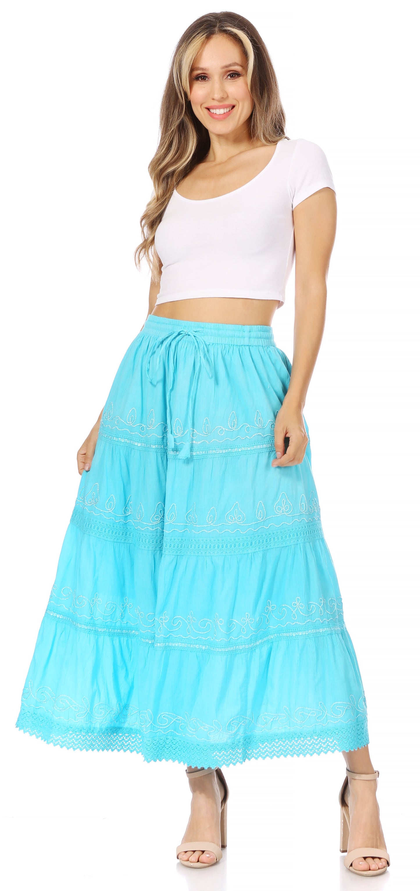 Sakkas Solid Embroidered Crochet Lace Trim Gypsy Bohemian Mid Length Cotton Skirt - Concordia Style Boutique