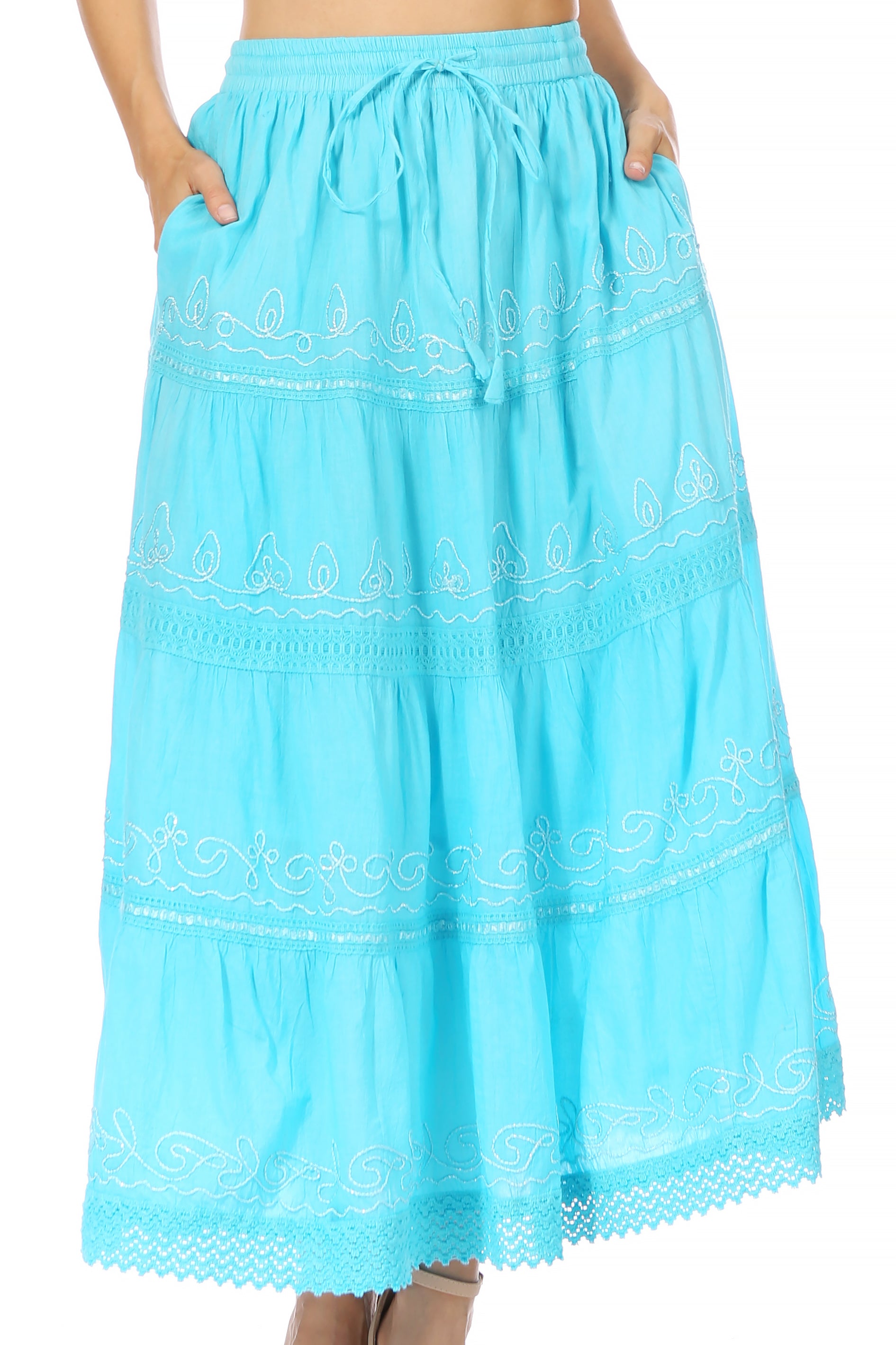 Sakkas Solid Embroidered Crochet Lace Trim Gypsy Bohemian Mid Length Cotton Skirt - Concordia Style Boutique