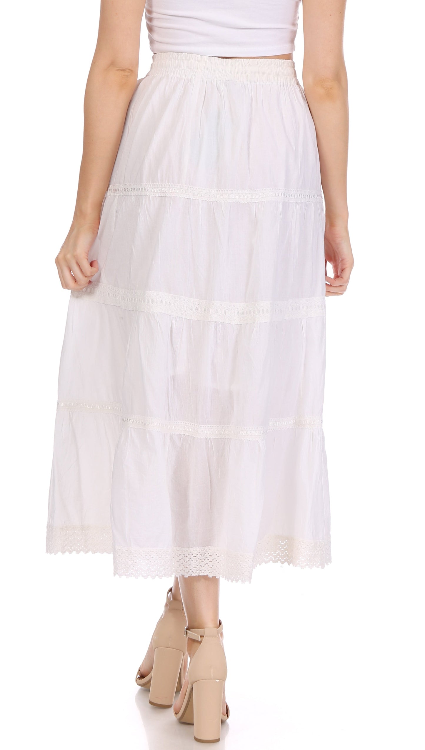 Sakkas Solid Embroidered Crochet Lace Trim Gypsy Bohemian Mid Length Cotton Skirt - Concordia Style Boutique