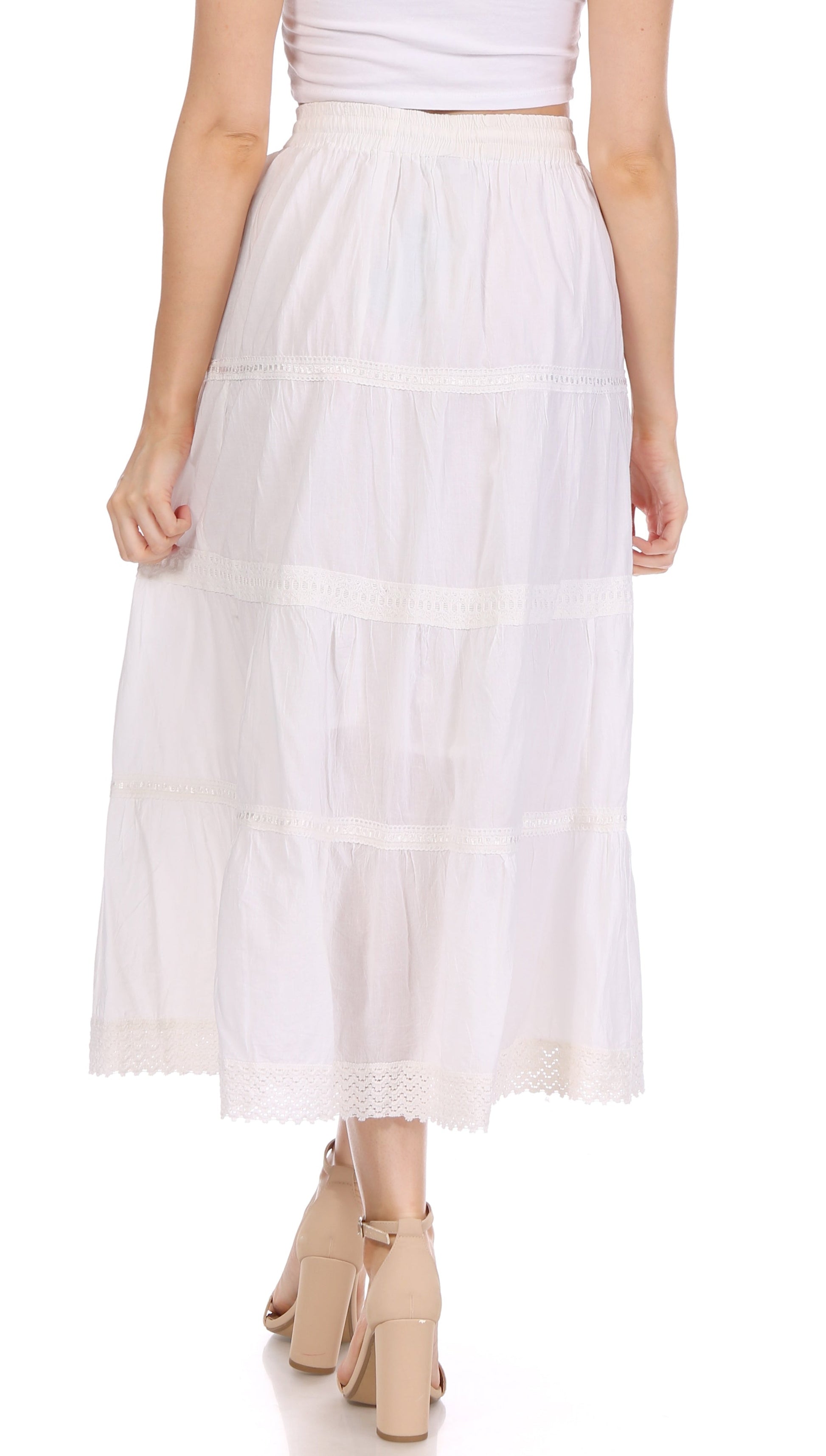 Sakkas Solid Embroidered Crochet Lace Trim Gypsy Bohemian Mid Length Cotton Skirt - Concordia Style Boutique
