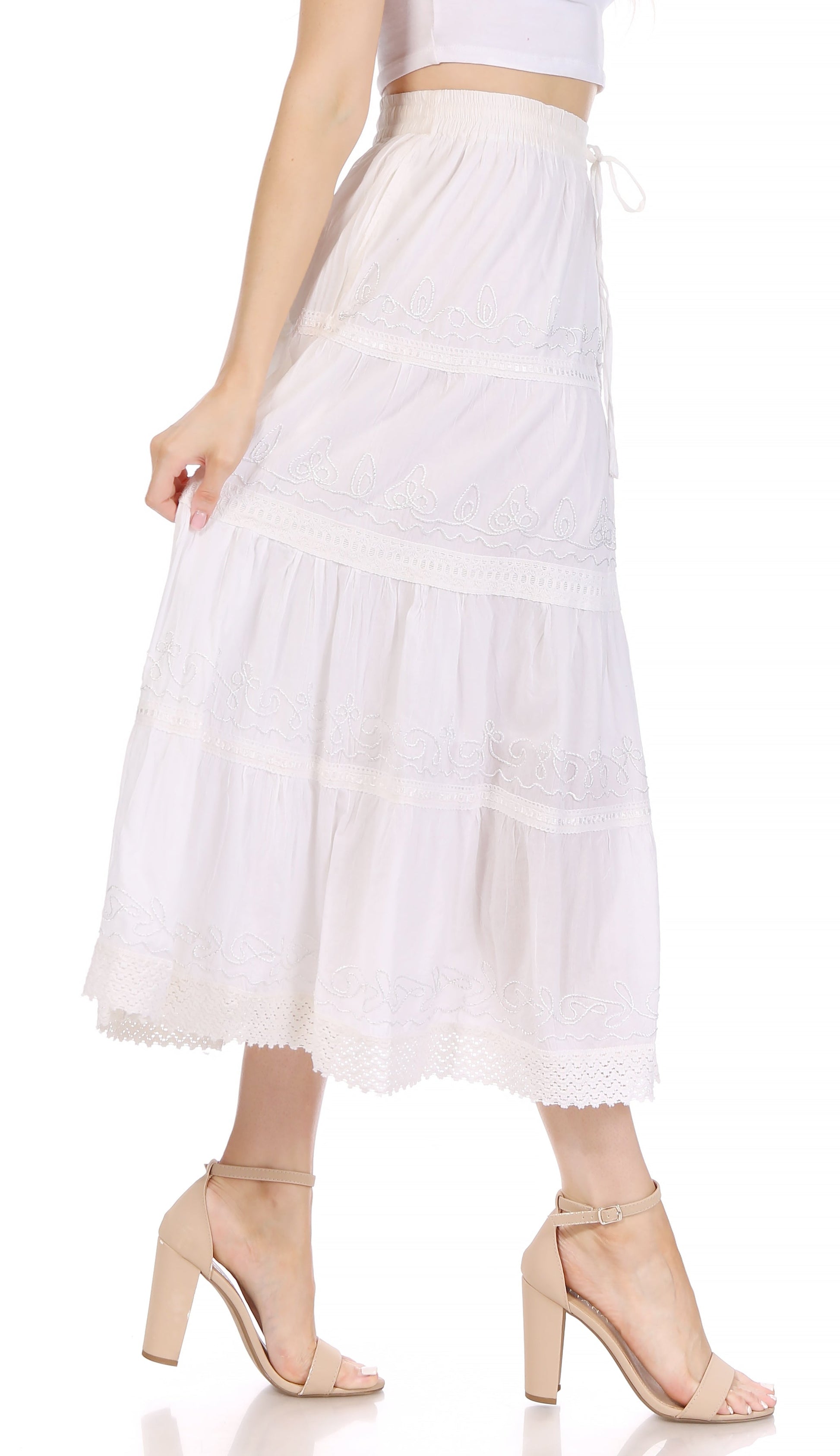 Sakkas Solid Embroidered Crochet Lace Trim Gypsy Bohemian Mid Length Cotton Skirt - Concordia Style Boutique