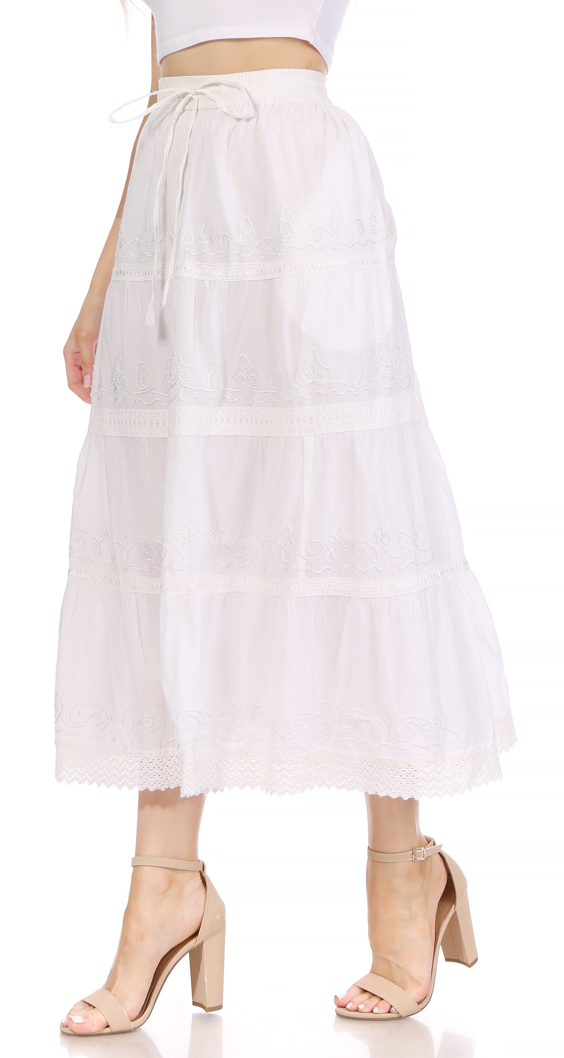 Sakkas Solid Embroidered Crochet Lace Trim Gypsy Bohemian Mid Length Cotton Skirt - Concordia Style Boutique