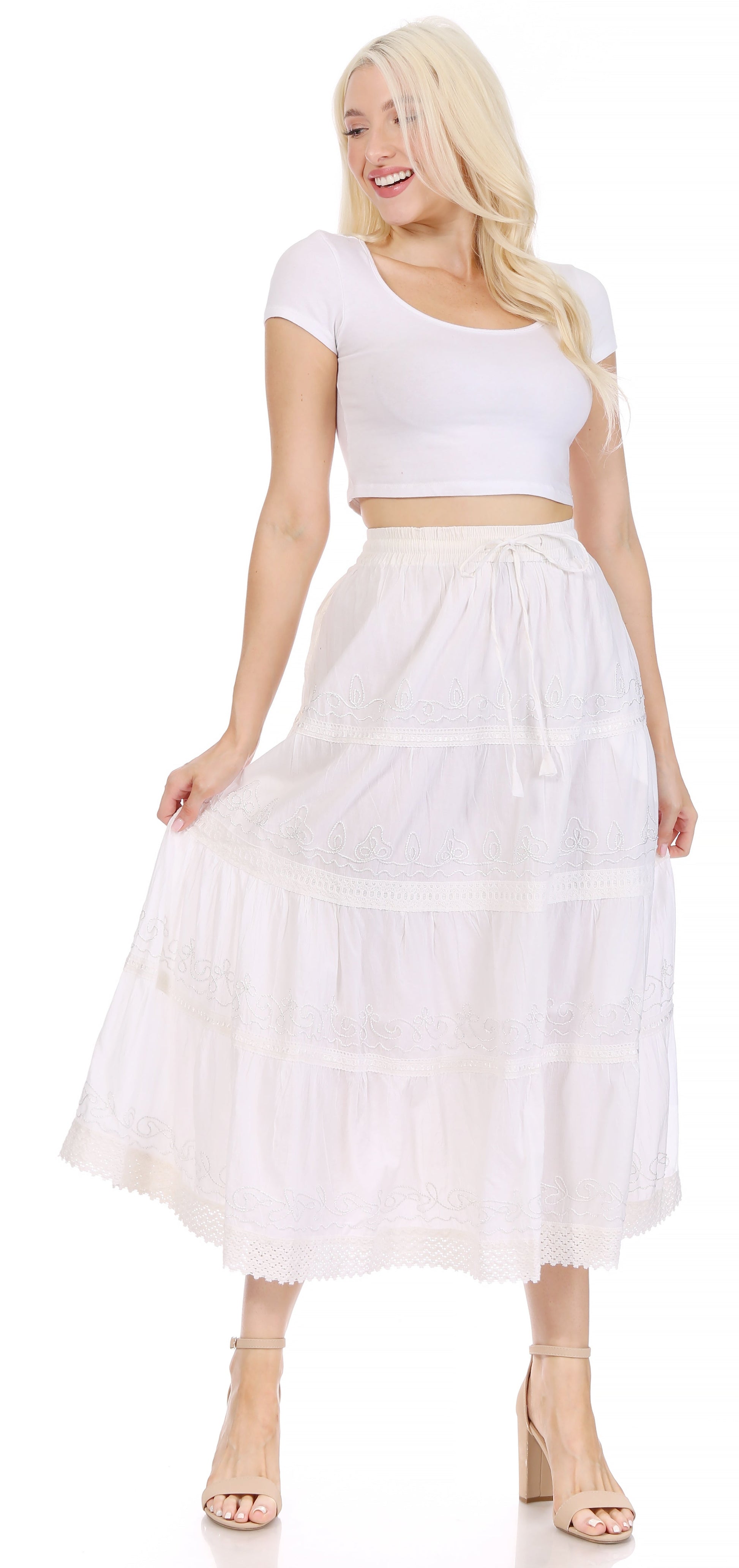 Sakkas Solid Embroidered Crochet Lace Trim Gypsy Bohemian Mid Length Cotton Skirt - Concordia Style Boutique