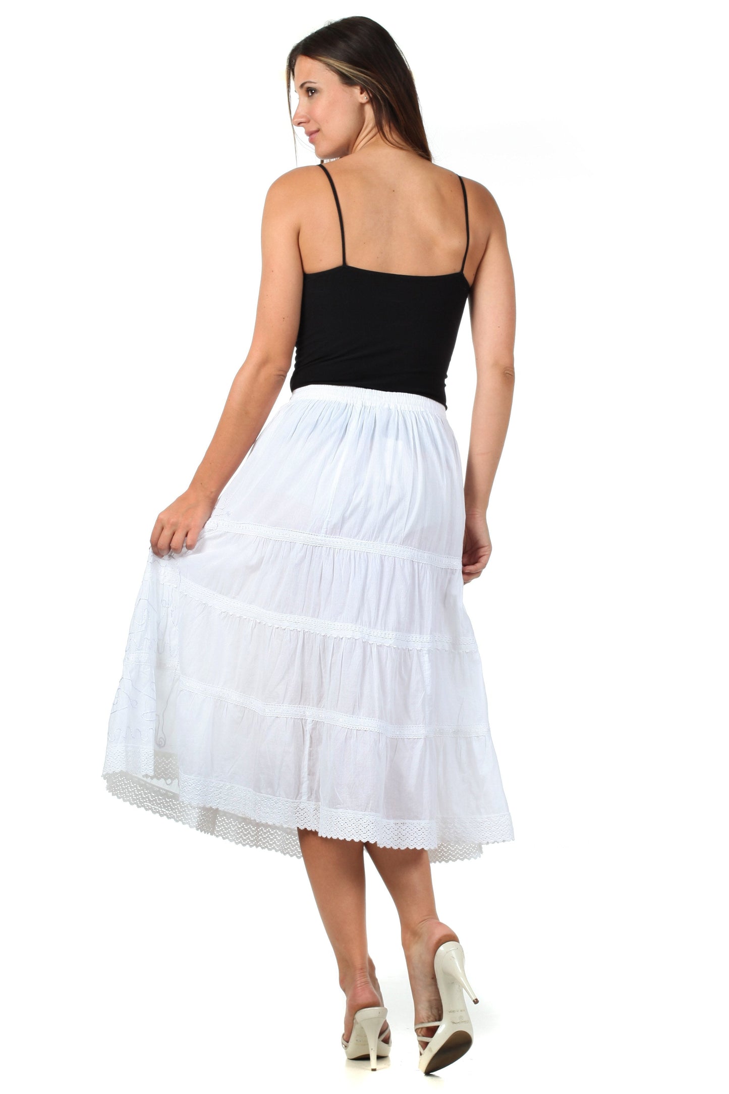 Sakkas Solid Embroidered Crochet Lace Trim Gypsy Bohemian Mid Length Cotton Skirt - Concordia Style Boutique