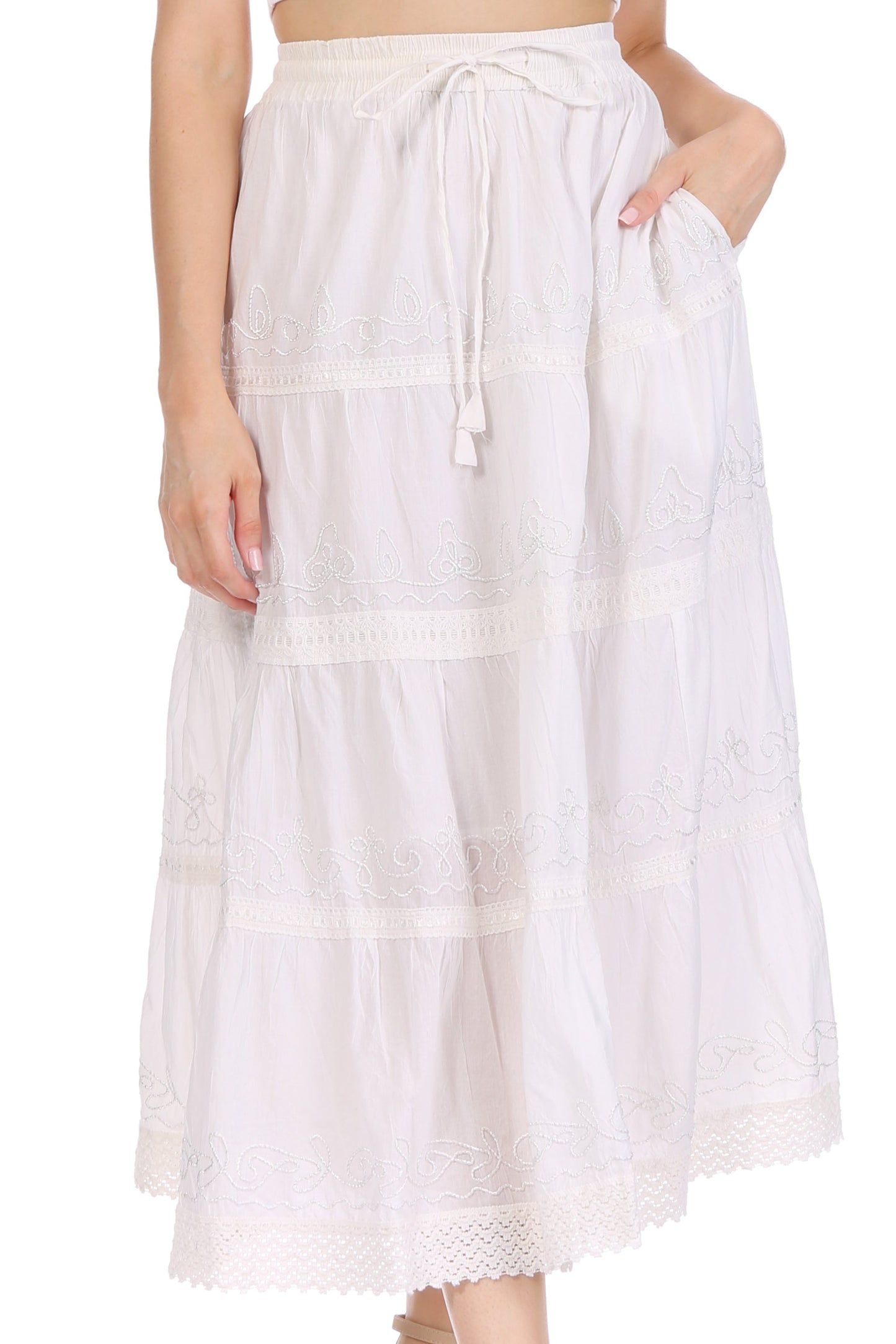 Sakkas Solid Embroidered Crochet Lace Trim Gypsy Bohemian Mid Length Cotton Skirt - Concordia Style Boutique