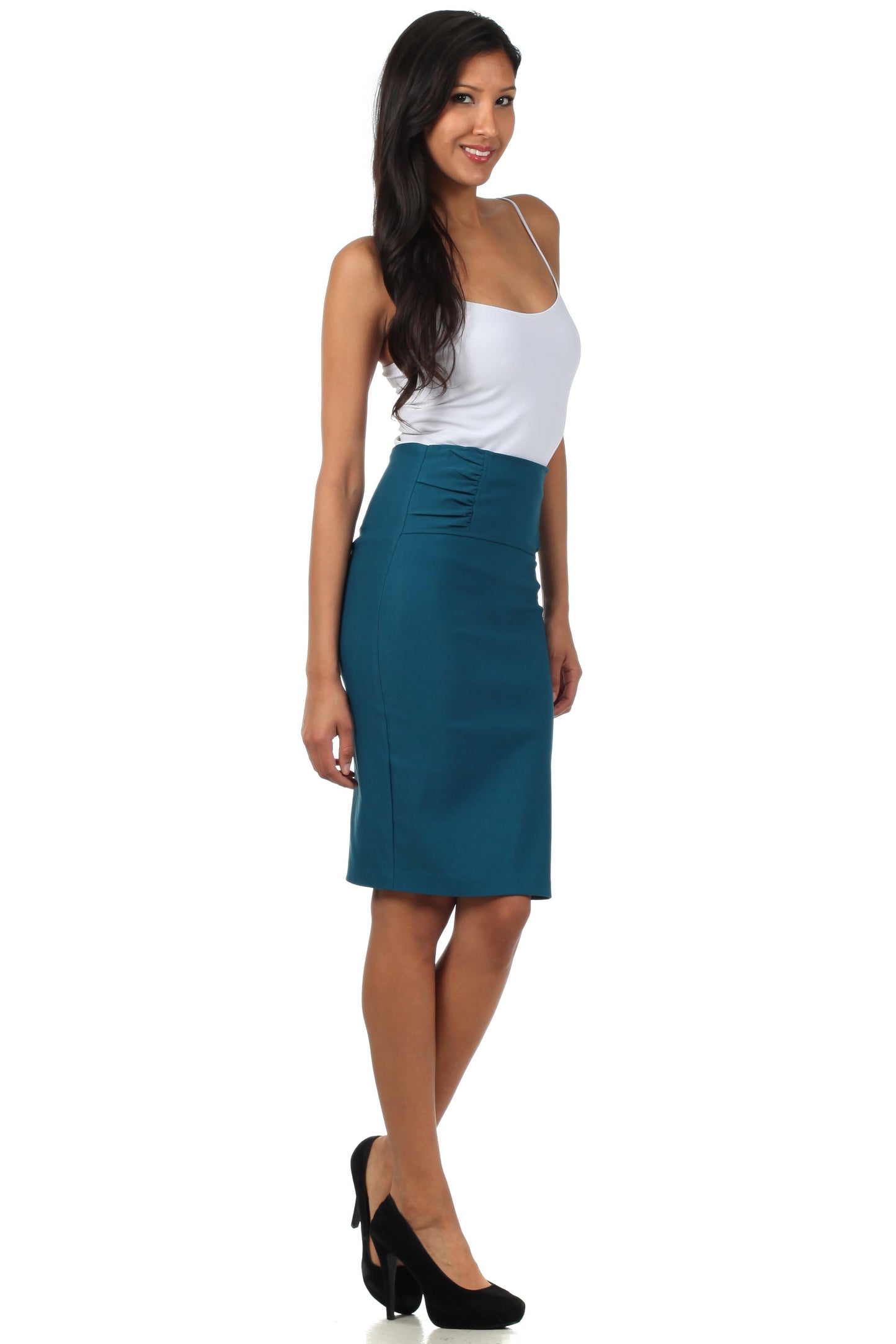 Sakkas Petite High Waist Stretch Pencil Skirt with Shirred Waist Detail - Concordia Style Boutique