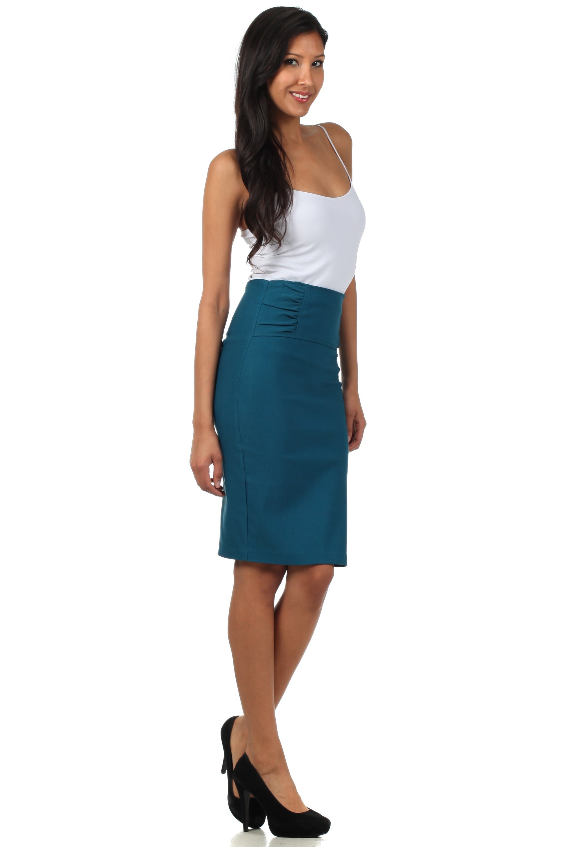 Sakkas Petite High Waist Stretch Pencil Skirt with Shirred Waist Detail - Concordia Style Boutique