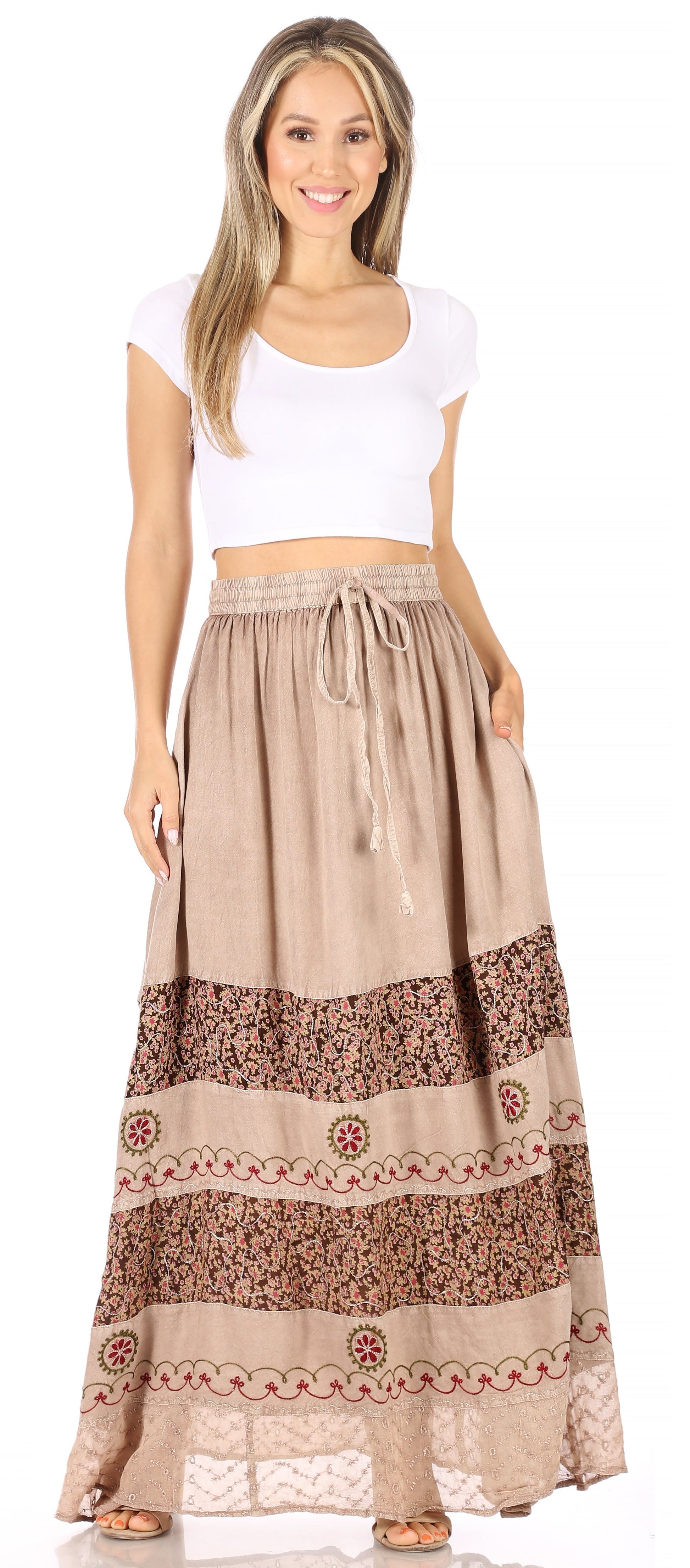 Sakkas Sandra Women's Casual Long Maxi Boho Gypsy Skirt Elastic Waist & Pockets - Concordia Style Boutique