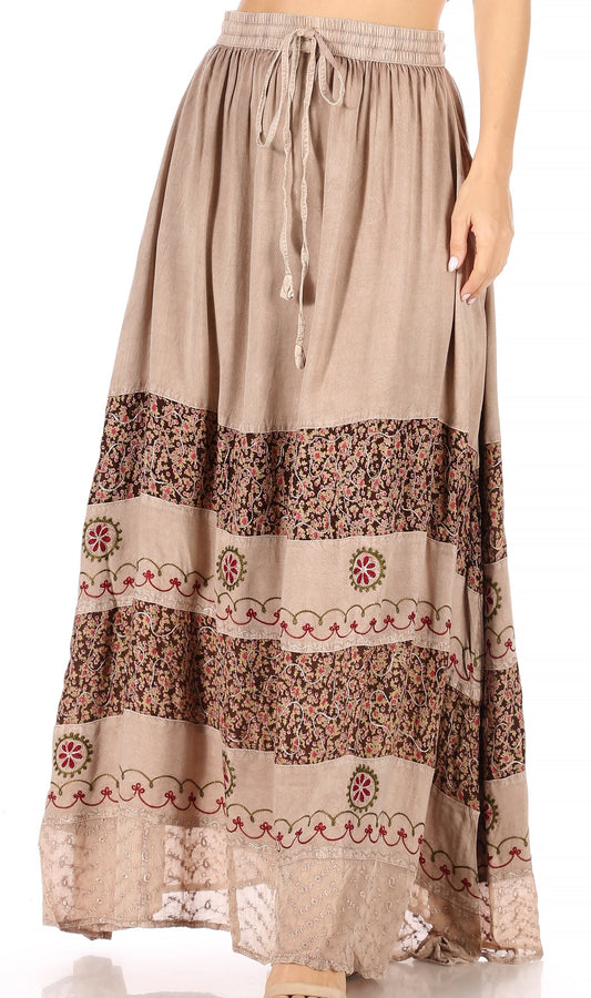 Sakkas Sandra Women's Casual Long Maxi Boho Gypsy Skirt Elastic Waist & Pockets - Concordia Style Boutique