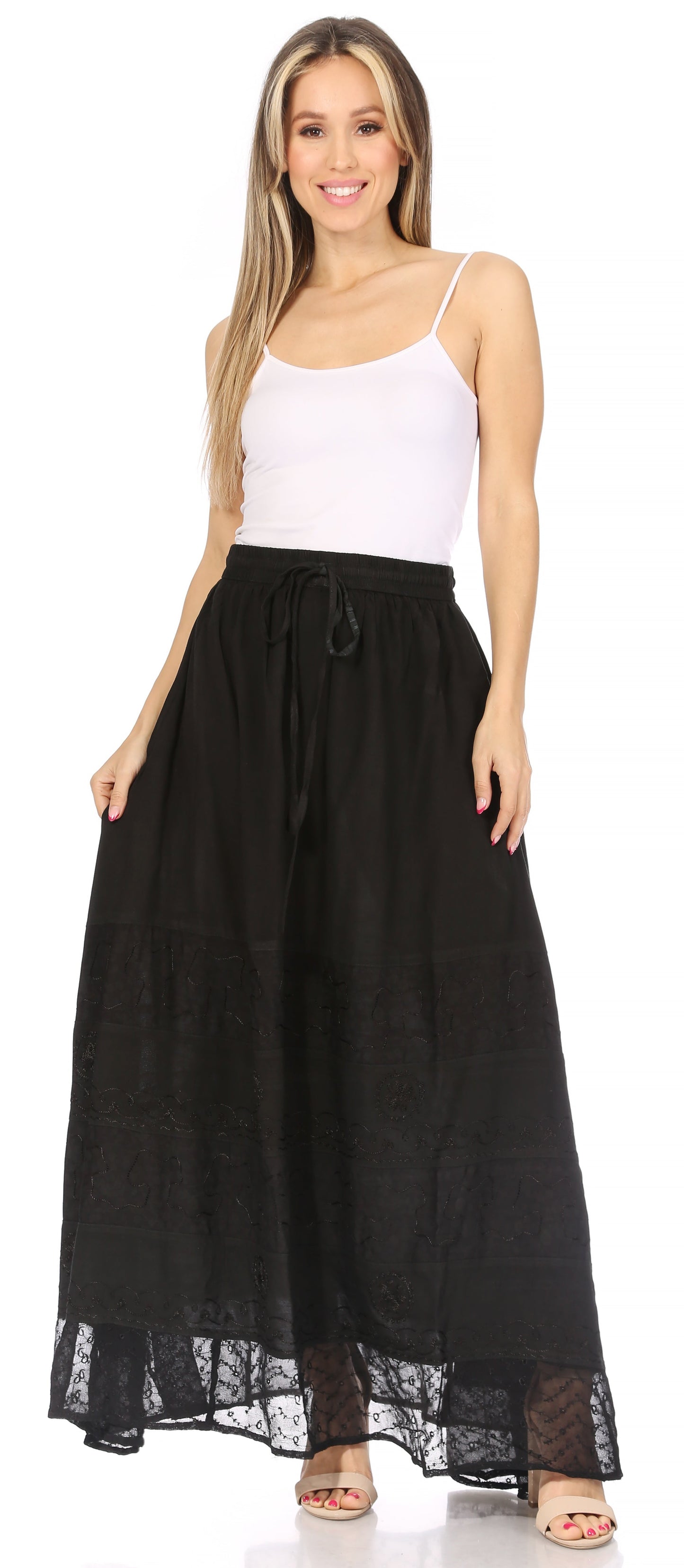 Sakkas Sandra Women's Casual Long Maxi Boho Gypsy Skirt Elastic Waist & Pockets - Concordia Style Boutique