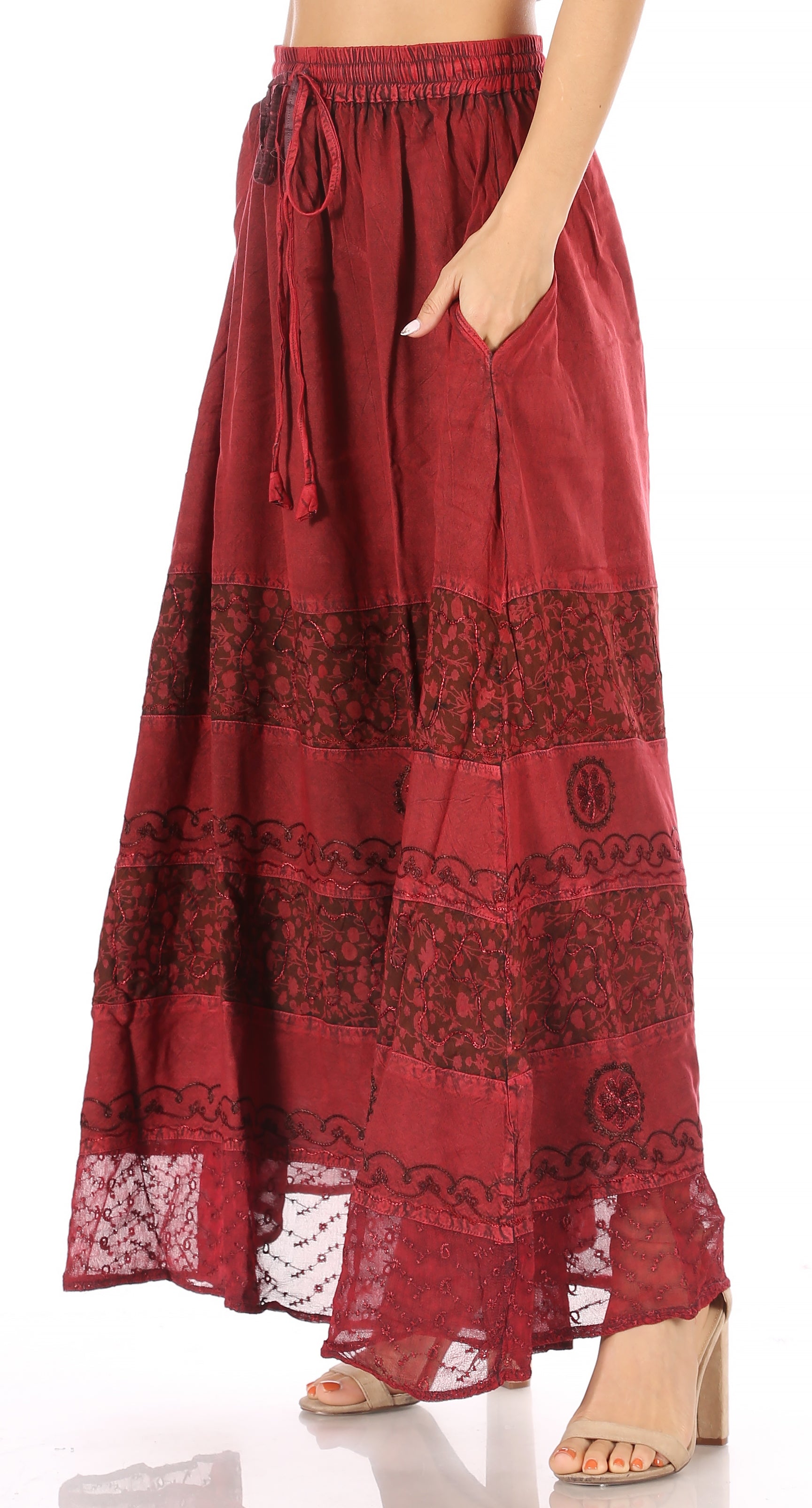 Sakkas Sandra Women's Casual Long Maxi Boho Gypsy Skirt Elastic Waist & Pockets - Concordia Style Boutique