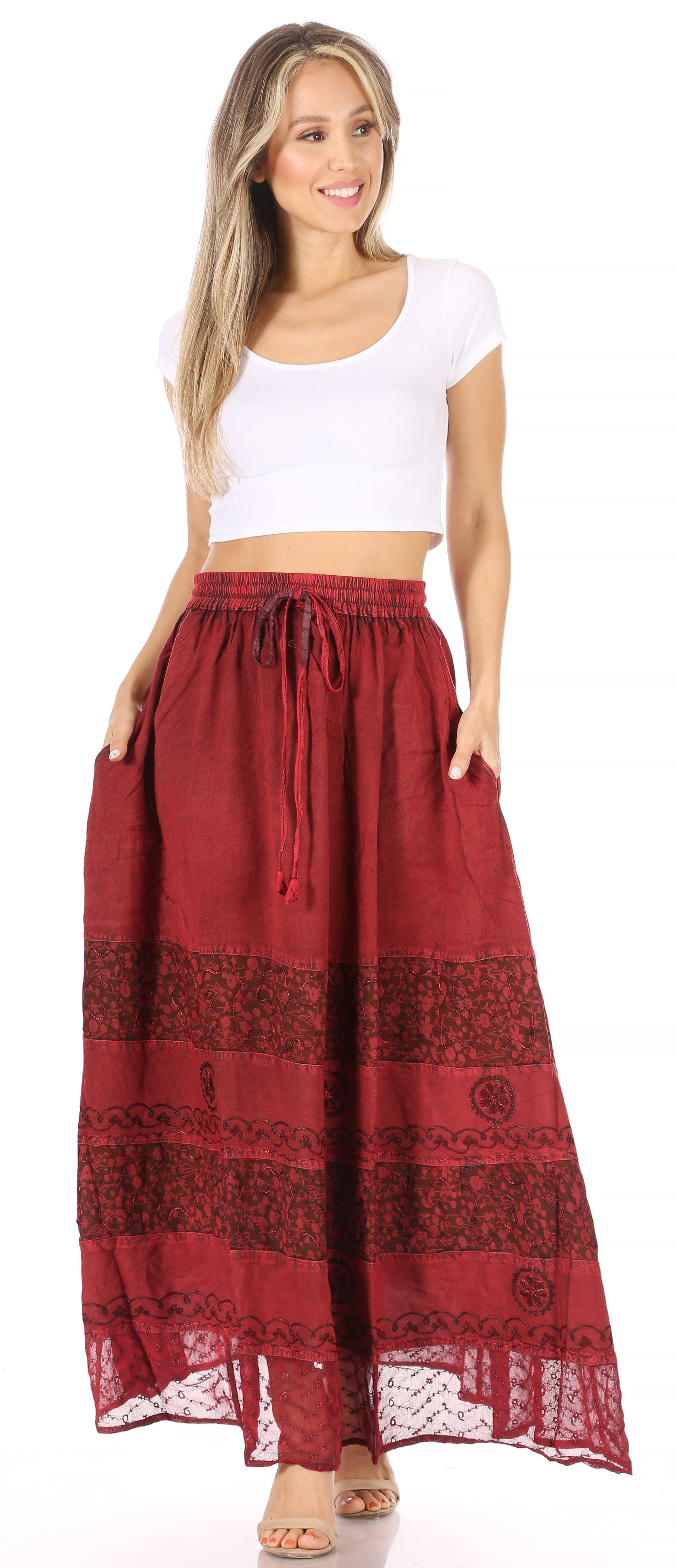 Sakkas Sandra Women's Casual Long Maxi Boho Gypsy Skirt Elastic Waist & Pockets - Concordia Style Boutique