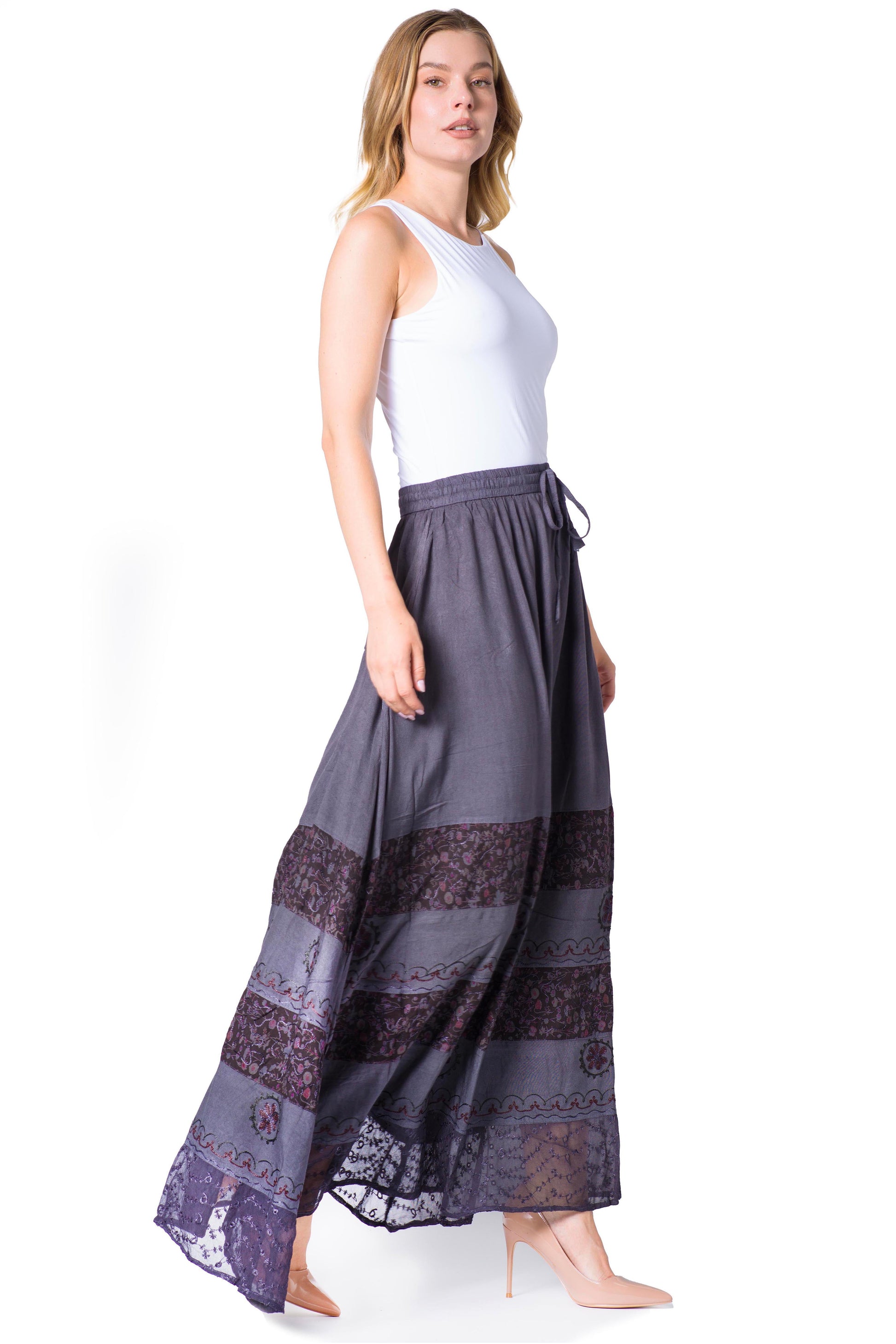 Sakkas Sandra Women's Casual Long Maxi Boho Gypsy Skirt Elastic Waist & Pockets - Concordia Style Boutique