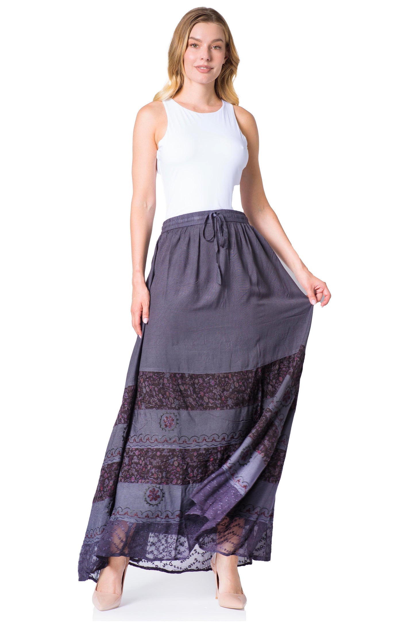 Sakkas Sandra Women's Casual Long Maxi Boho Gypsy Skirt Elastic Waist & Pockets - Concordia Style Boutique