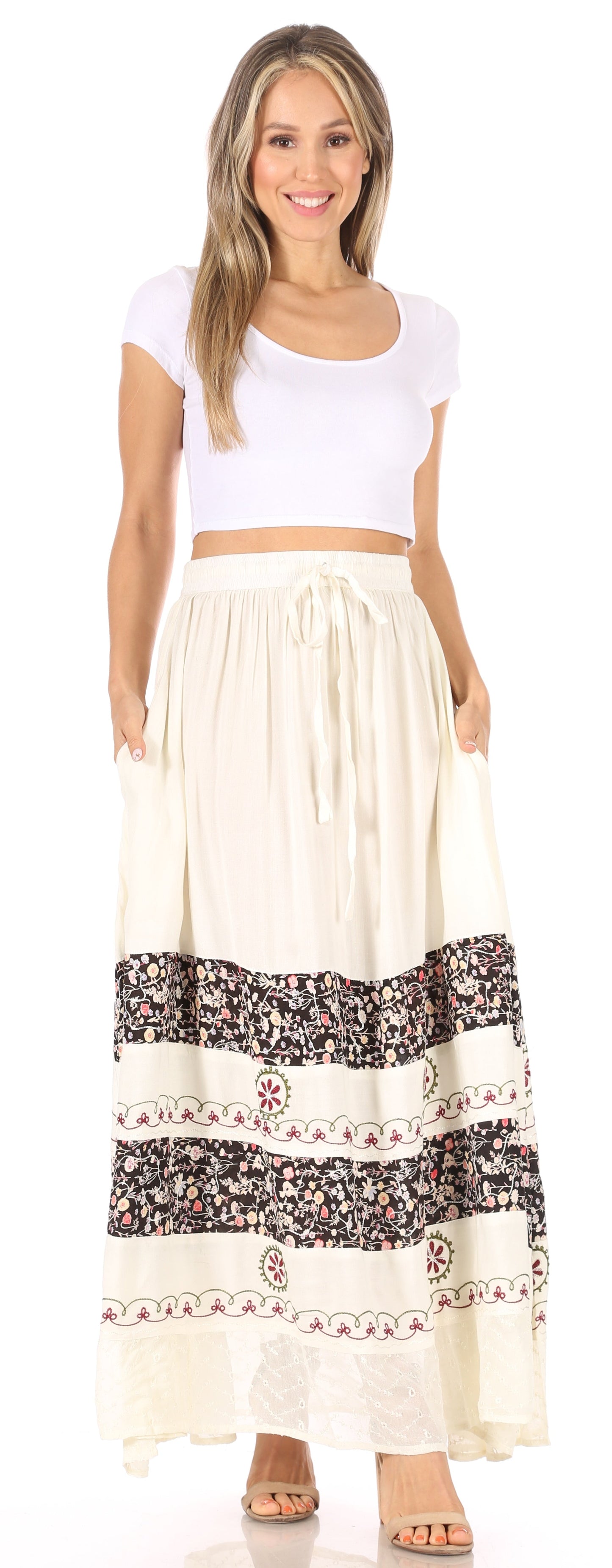 Sakkas Sandra Women's Casual Long Maxi Boho Gypsy Skirt Elastic Waist & Pockets - Concordia Style Boutique