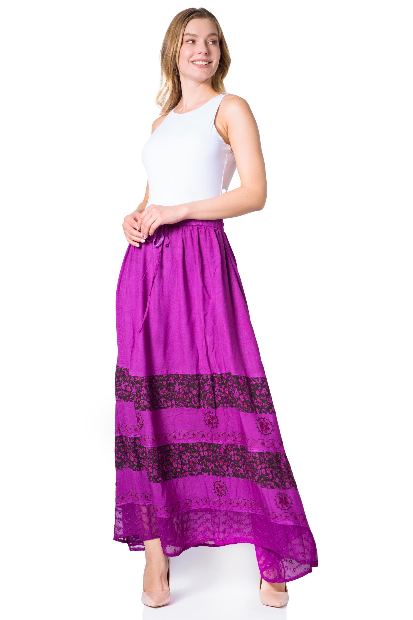 Sakkas Sandra Women's Casual Long Maxi Boho Gypsy Skirt Elastic Waist & Pockets - Concordia Style Boutique