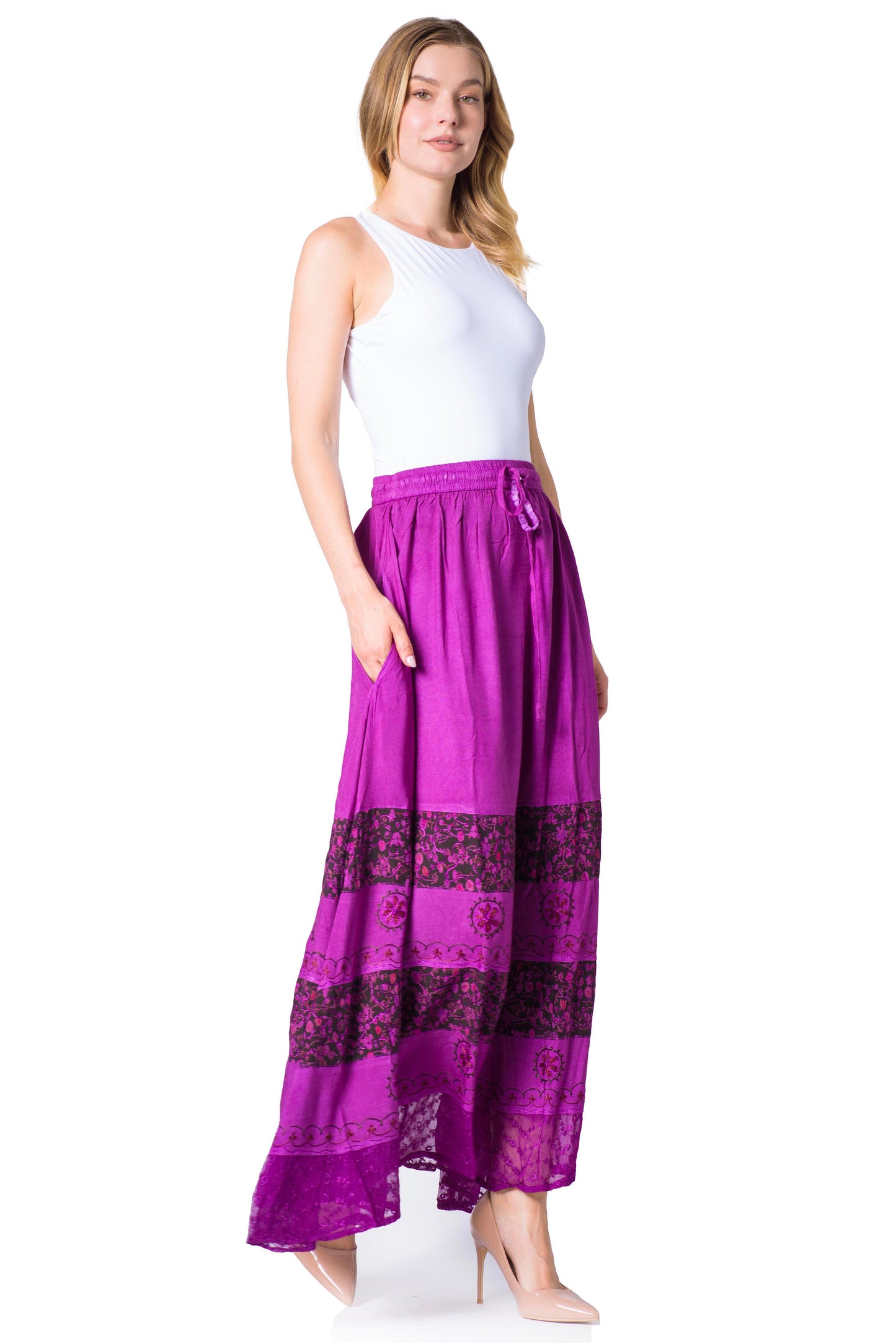 Sakkas Sandra Women's Casual Long Maxi Boho Gypsy Skirt Elastic Waist & Pockets - Concordia Style Boutique
