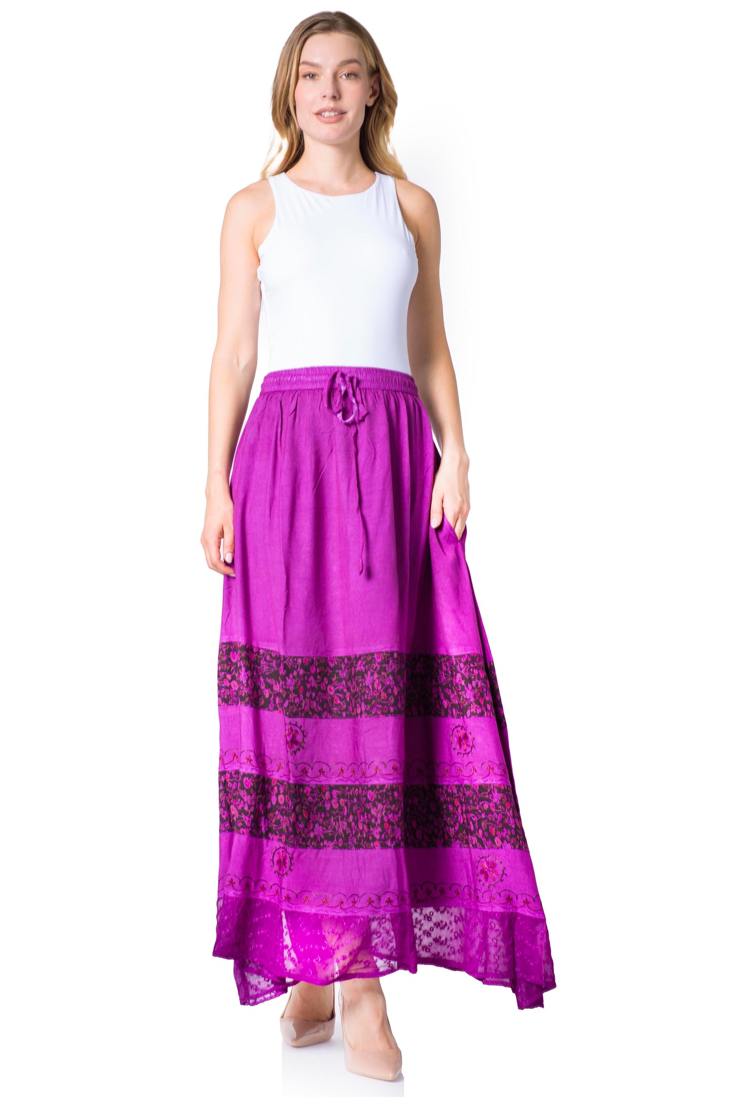 Sakkas Sandra Women's Casual Long Maxi Boho Gypsy Skirt Elastic Waist & Pockets - Concordia Style Boutique