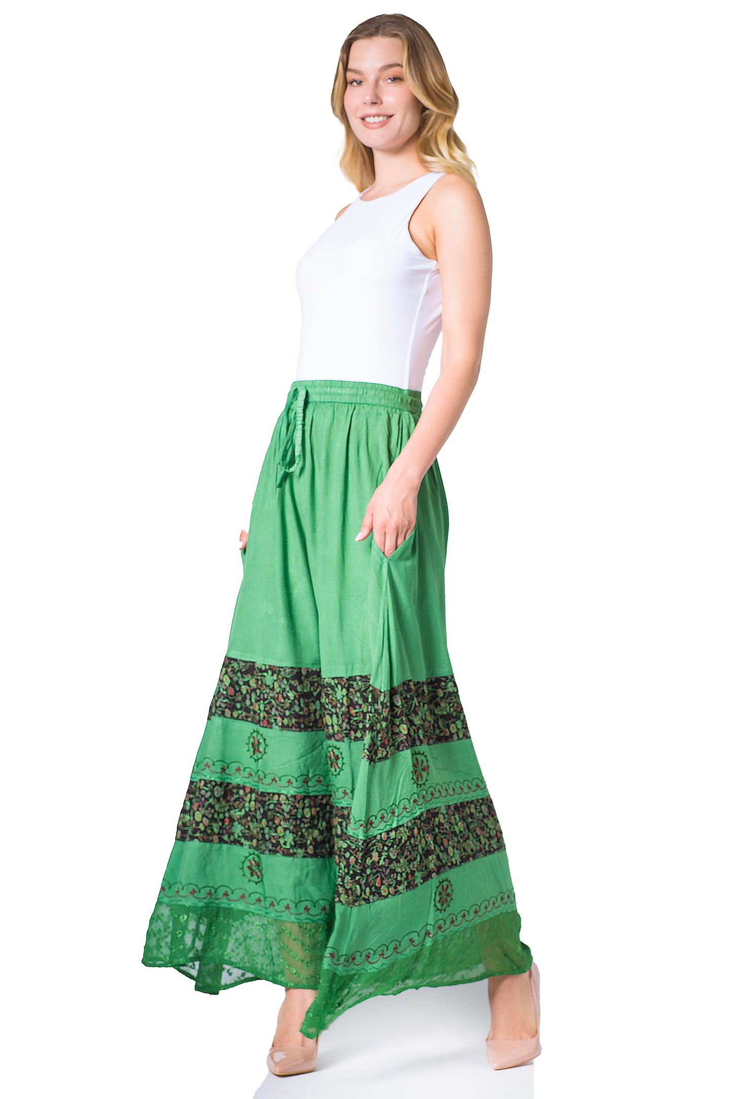 Sakkas Sandra Women's Casual Long Maxi Boho Gypsy Skirt Elastic Waist & Pockets - Concordia Style Boutique