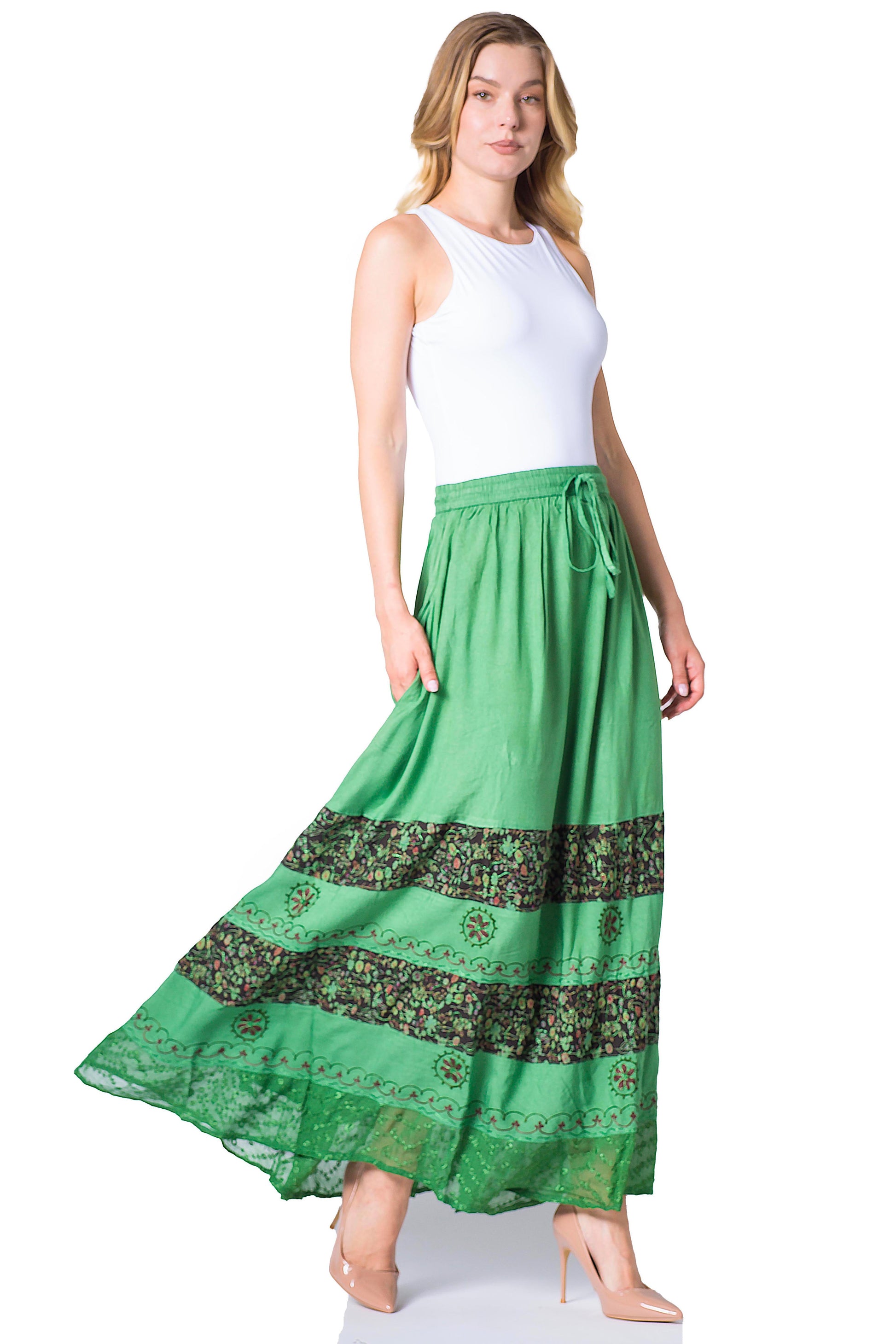 Sakkas Sandra Women's Casual Long Maxi Boho Gypsy Skirt Elastic Waist & Pockets - Concordia Style Boutique