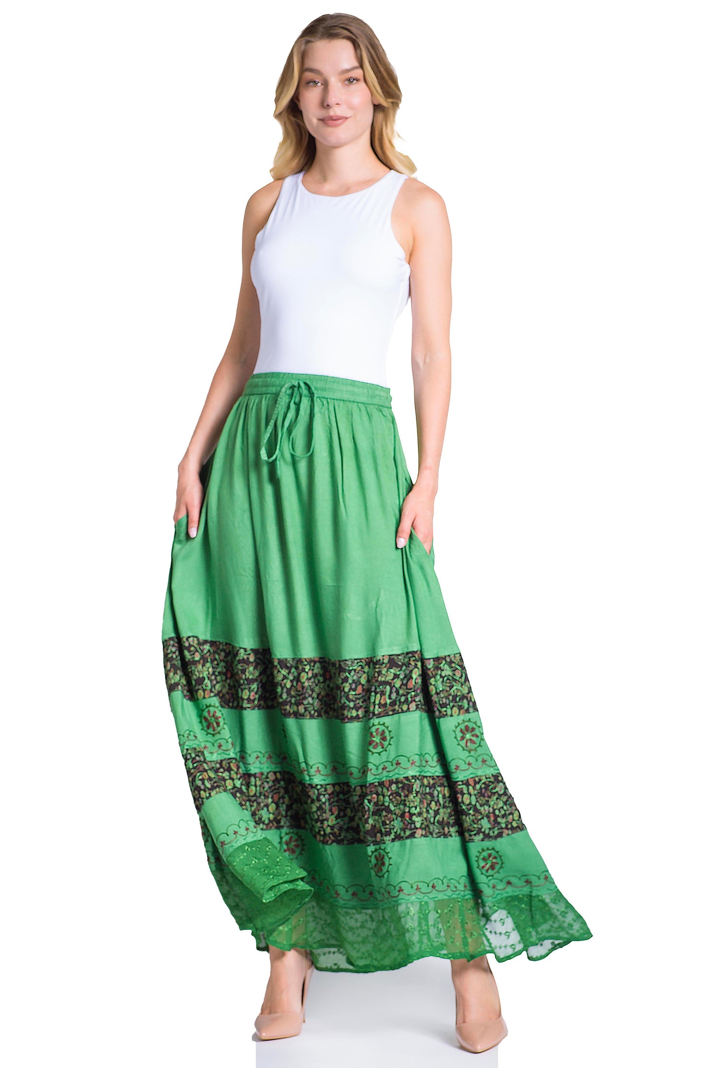 Sakkas Sandra Women's Casual Long Maxi Boho Gypsy Skirt Elastic Waist & Pockets - Concordia Style Boutique