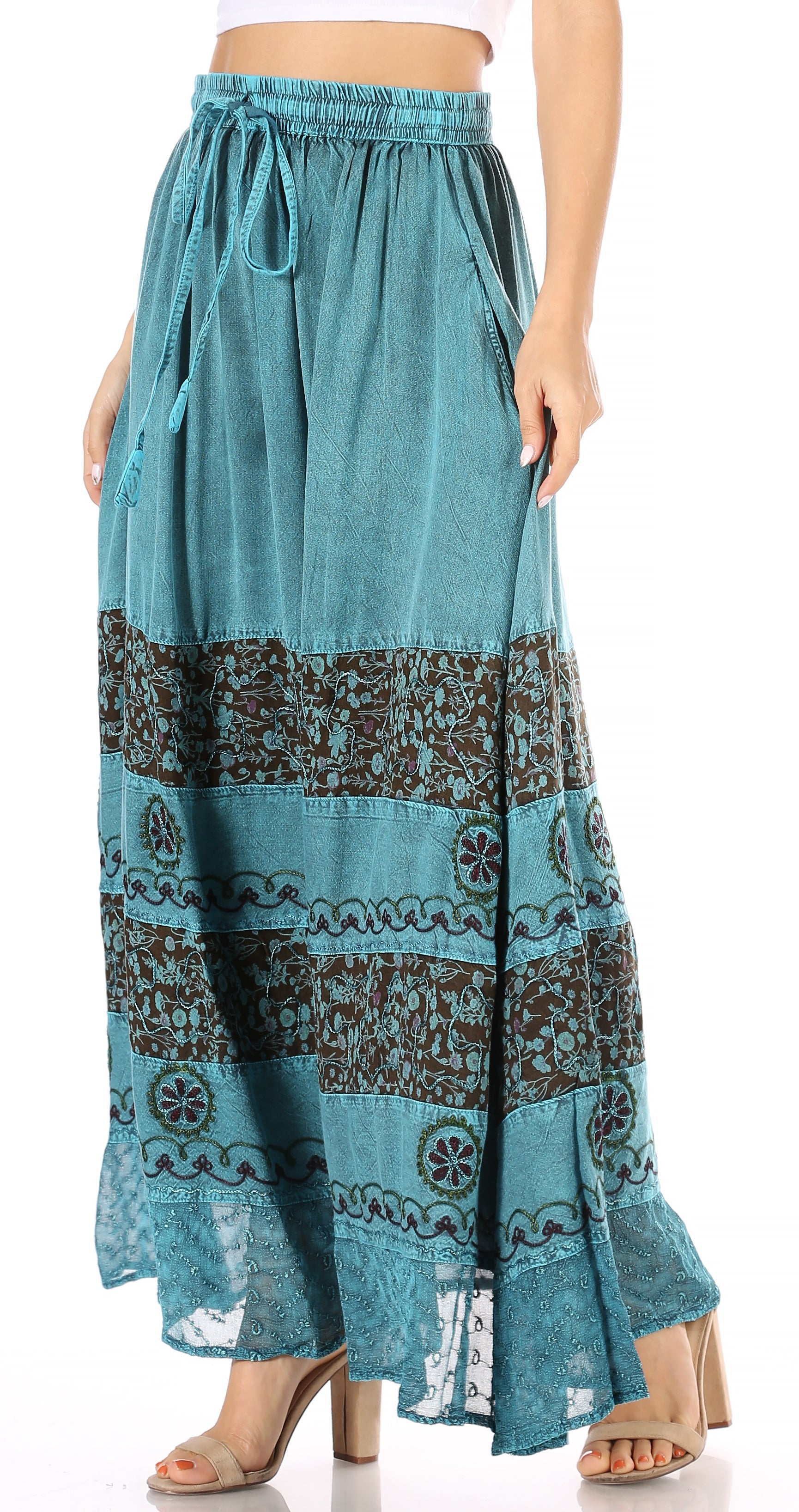 Sakkas Sandra Women's Casual Long Maxi Boho Gypsy Skirt Elastic Waist & Pockets - Concordia Style Boutique