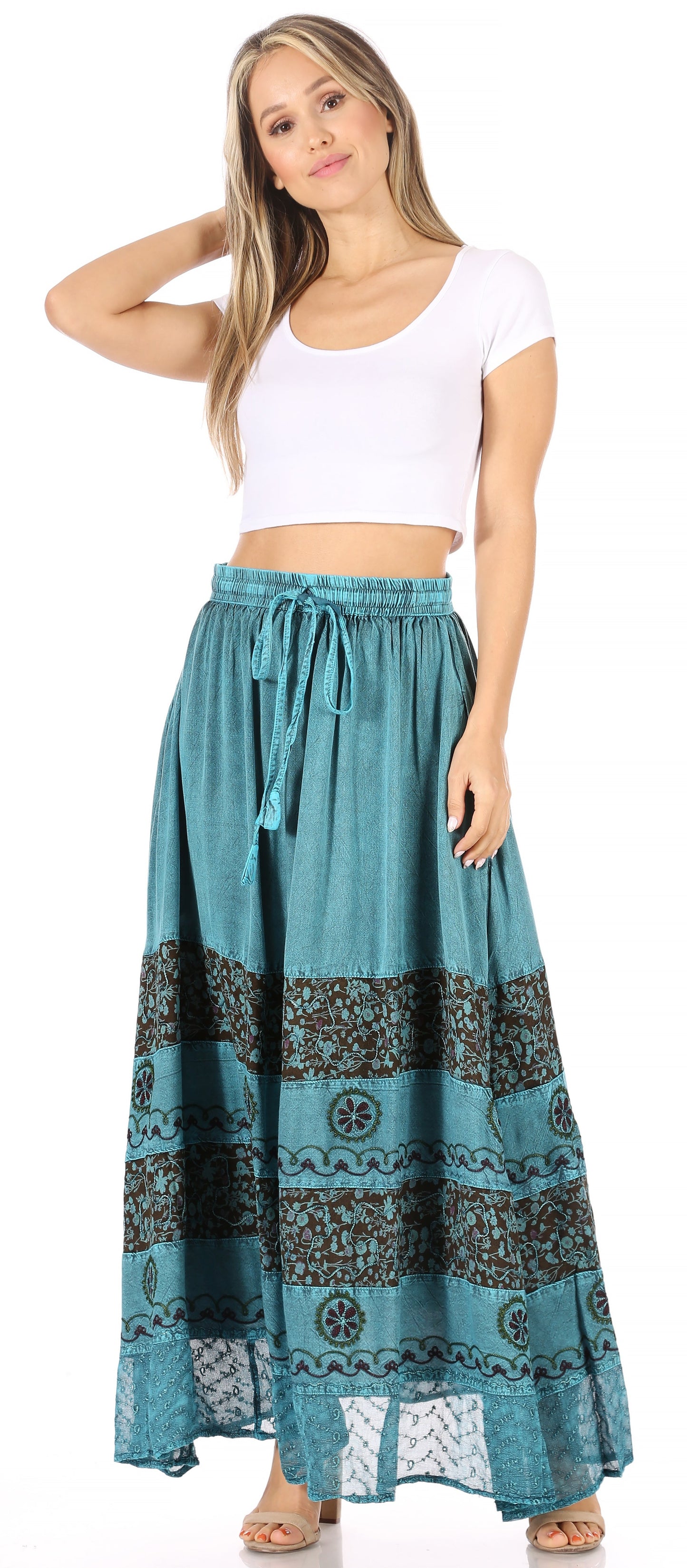 Sakkas Sandra Women's Casual Long Maxi Boho Gypsy Skirt Elastic Waist & Pockets - Concordia Style Boutique
