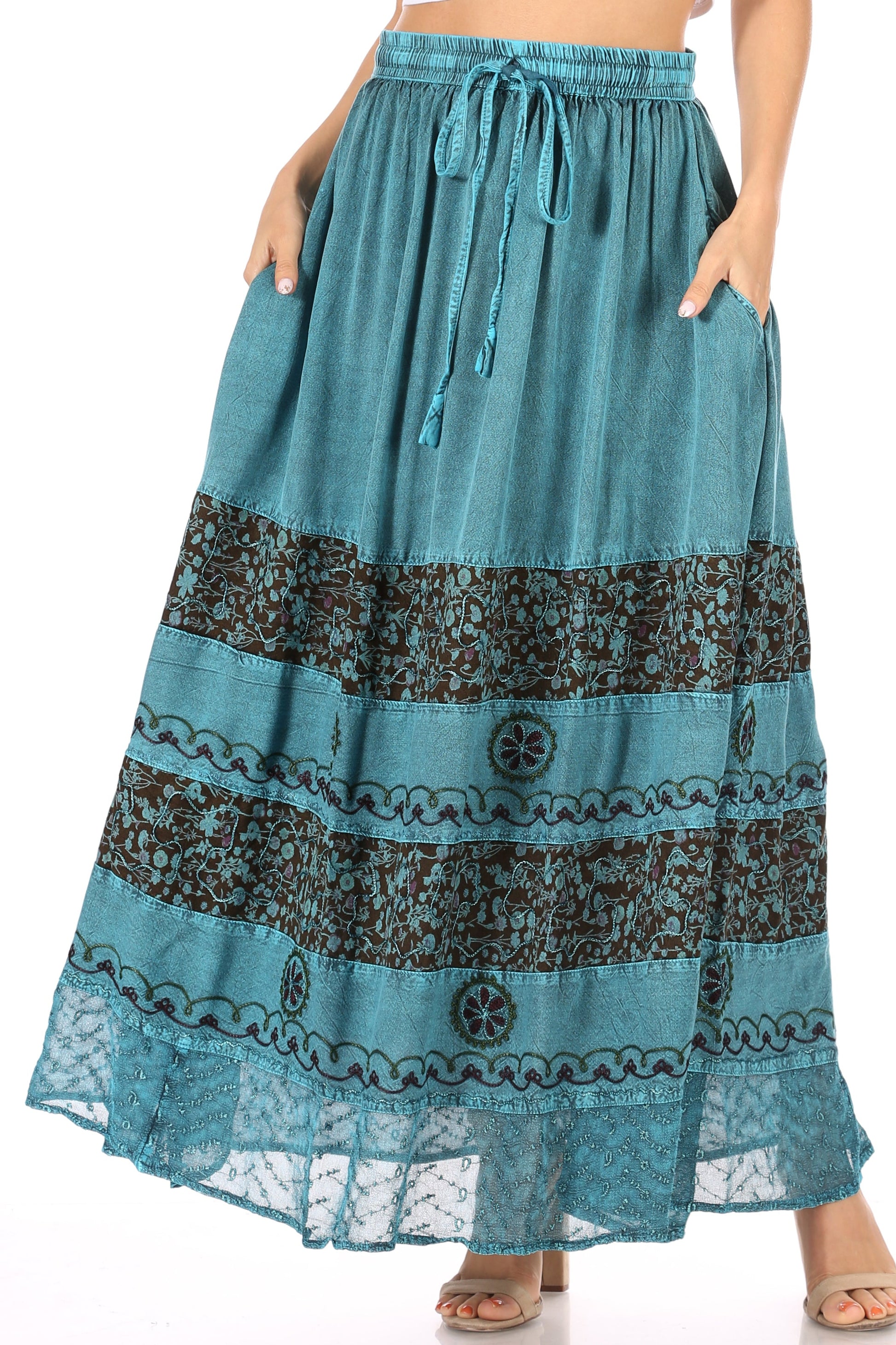 Sakkas Sandra Women's Casual Long Maxi Boho Gypsy Skirt Elastic Waist & Pockets - Concordia Style Boutique